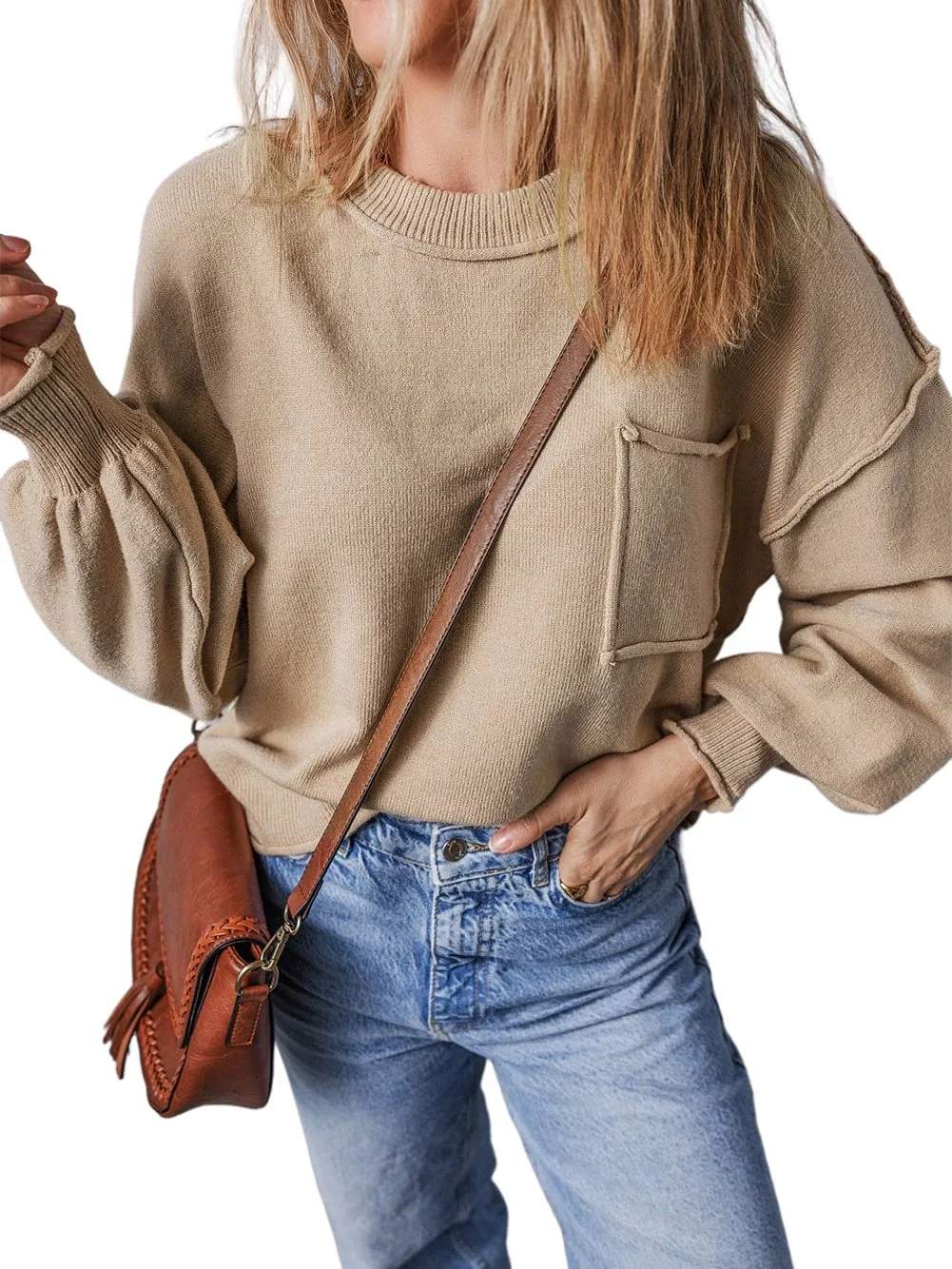 Apricot Exposed Seam Shift Sleeve Knit Sweater