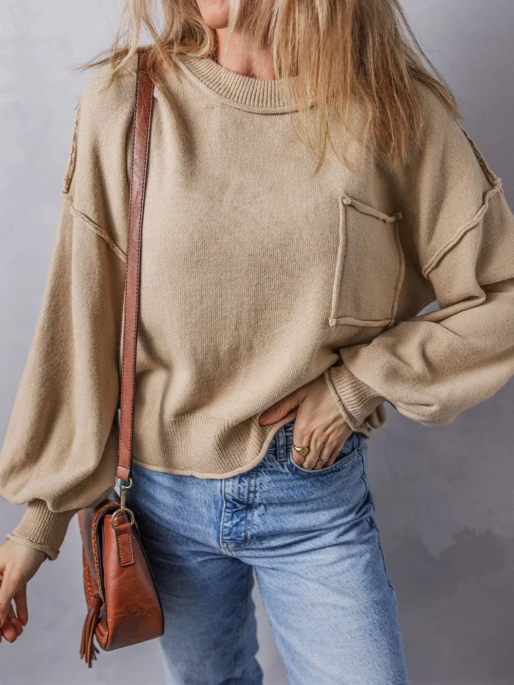 Apricot Exposed Seam Shift Sleeve Knit Sweater