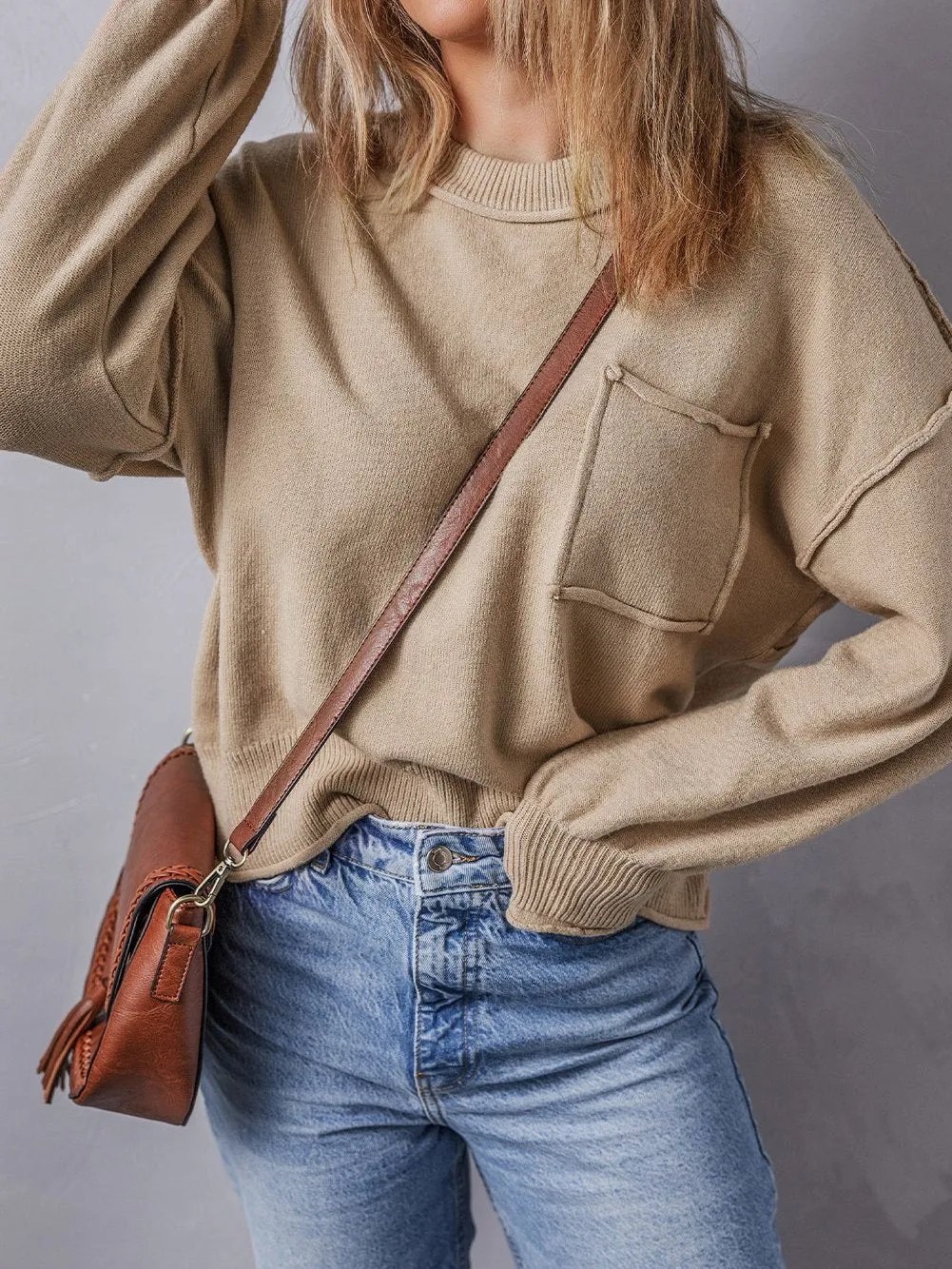 Apricot Exposed Seam Shift Sleeve Knit Sweater