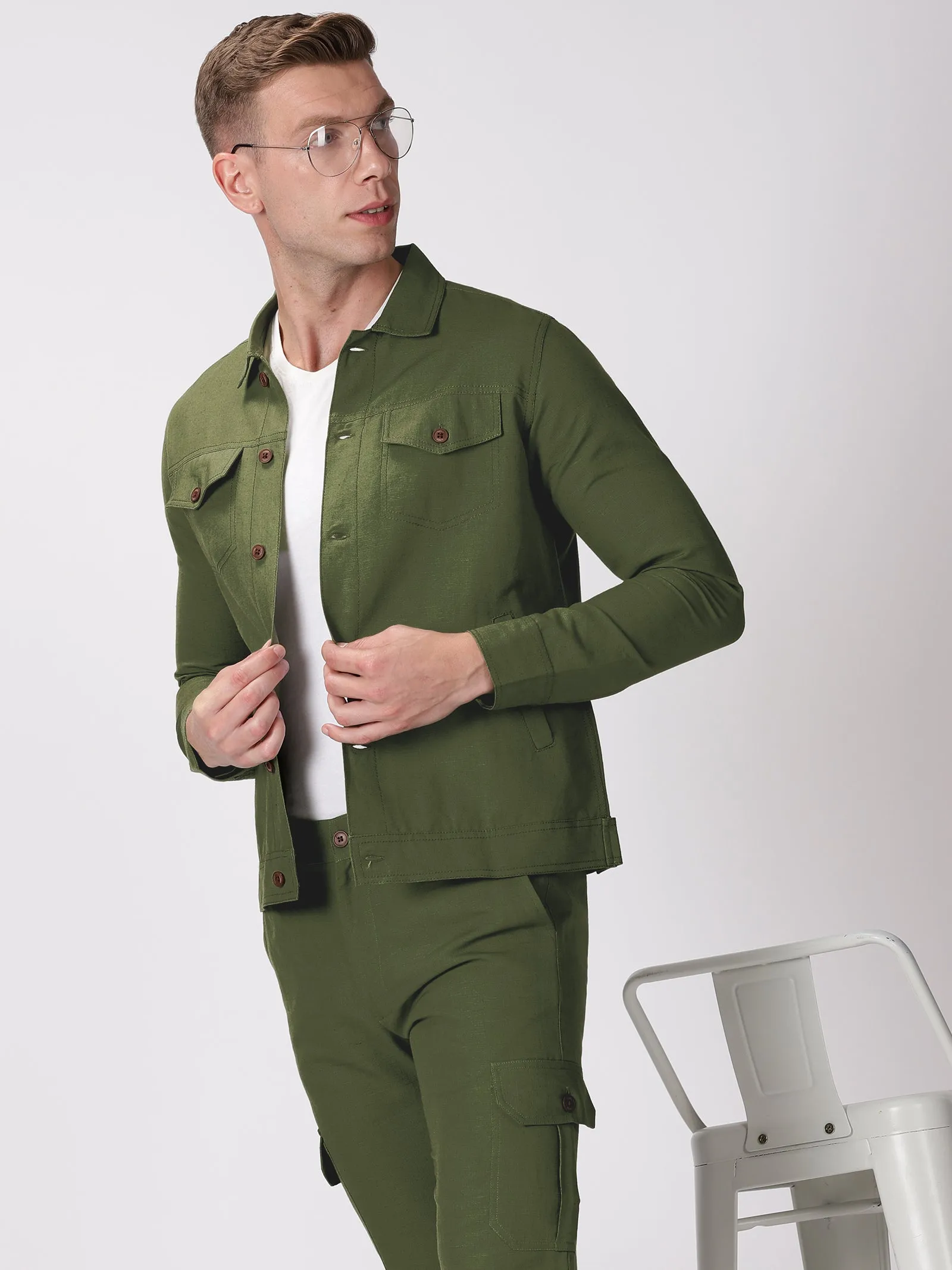 Becket - Linen Short Jacket - Military Green