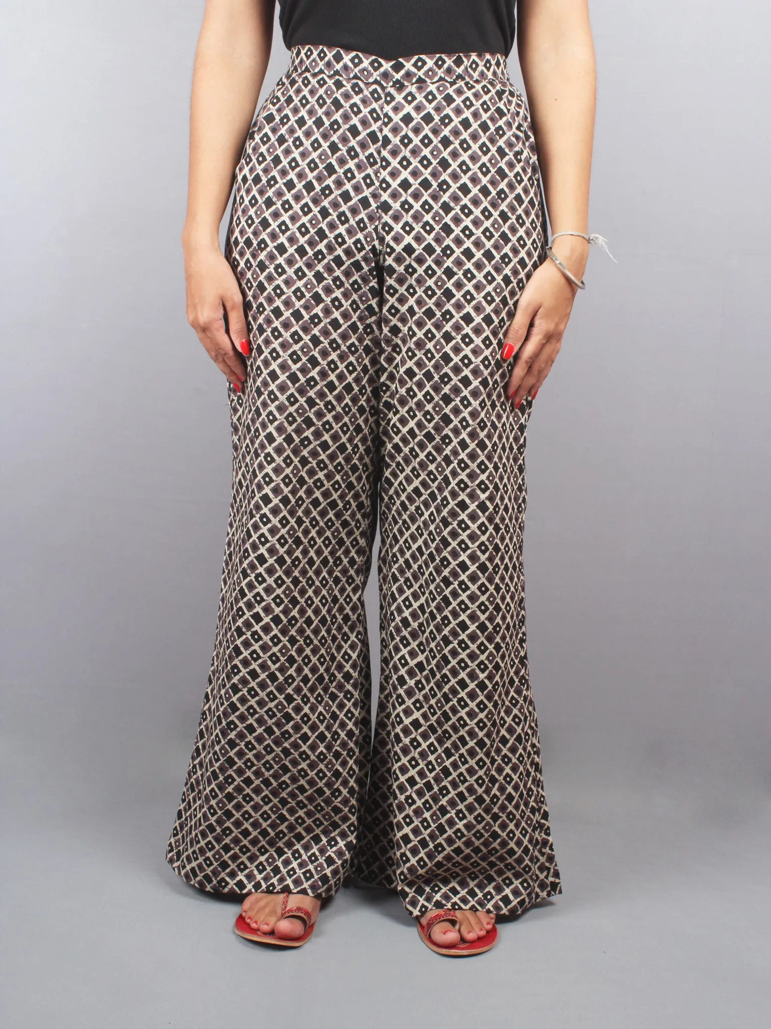 Beige Brown Hand Block Printed Elasticated Waist Straight Cotton Palazzo - P1117028