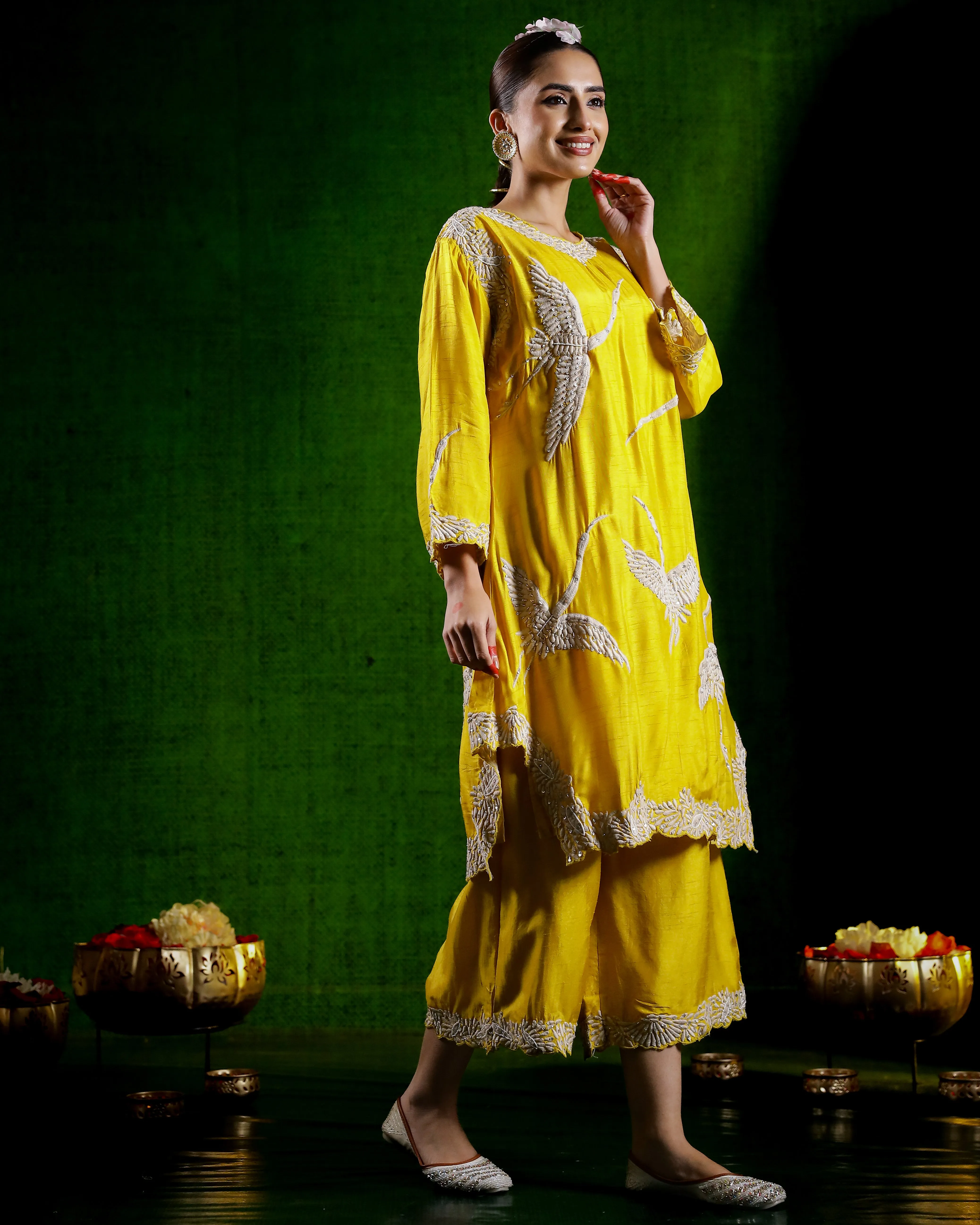 Bright Yellow Flamingo Embroidered Raw Silk Co-Ord Set