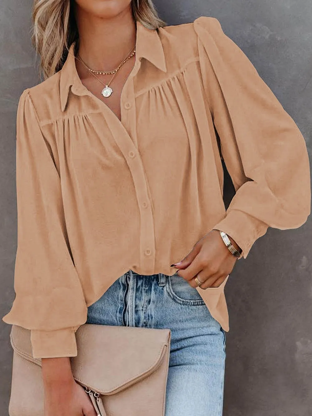 Button-Up Khaki Loose Fit Long Sleeve Blouse