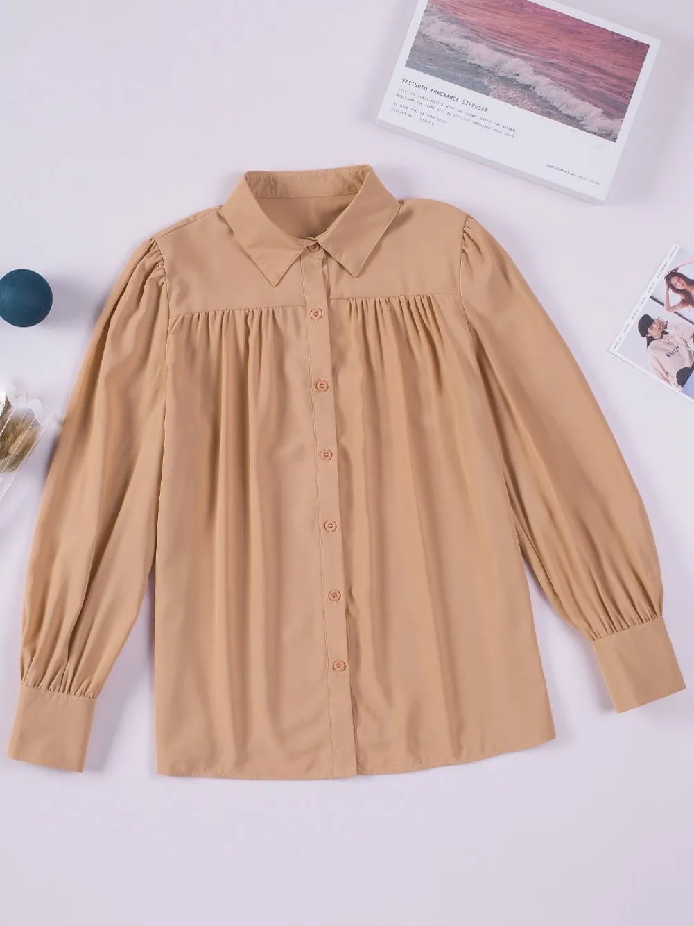 Button-Up Khaki Loose Fit Long Sleeve Blouse