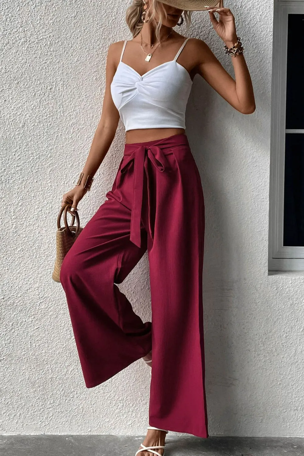 Carmen Tie Front Wide Leg Palazzo Pants in Solid Wine