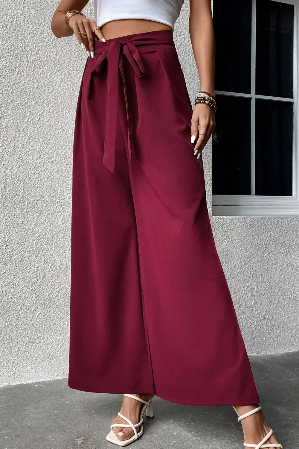 Carmen Tie Front Wide Leg Palazzo Pants in Solid Wine