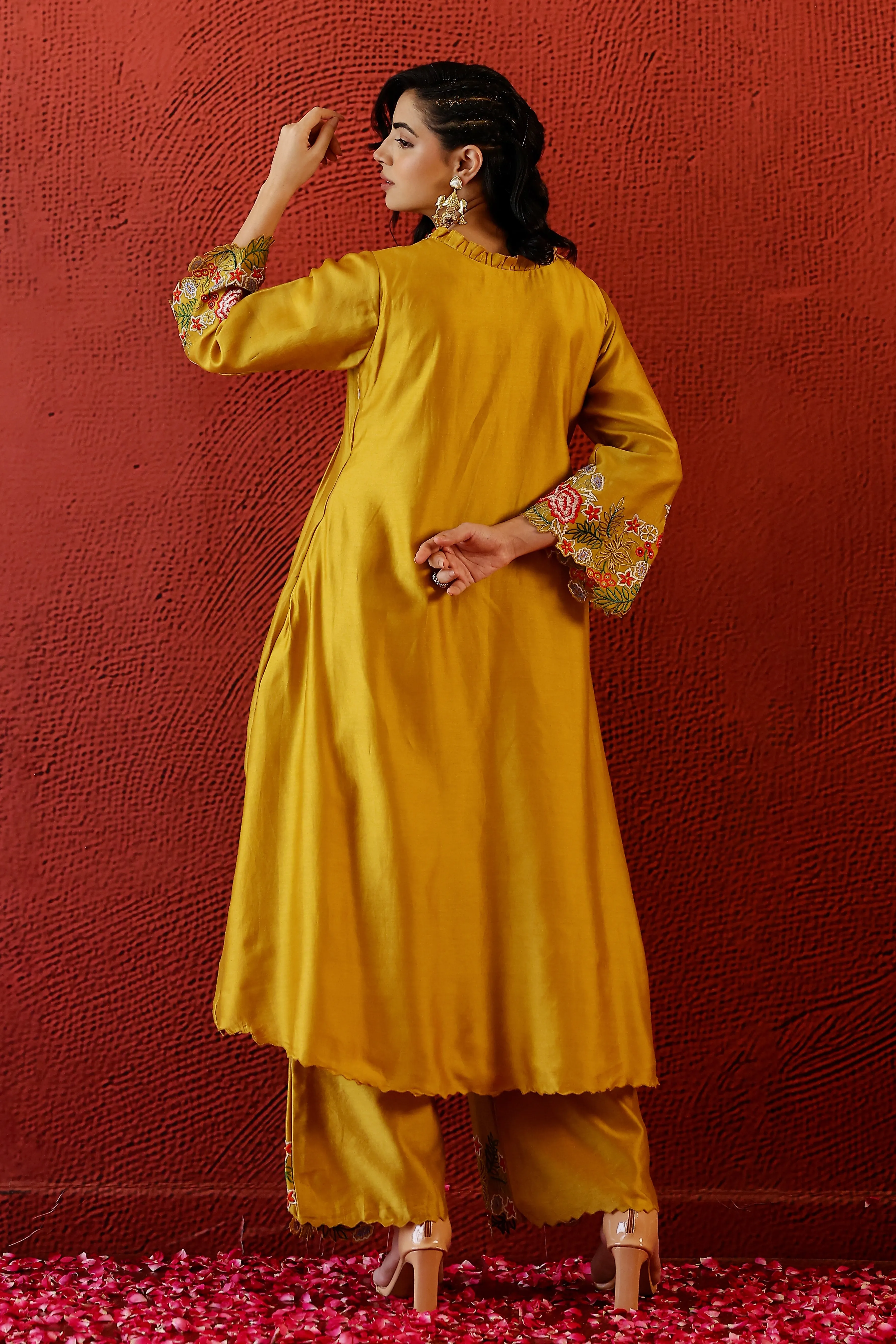 Classic Yellow Embroidered German Silk Palazzo Set