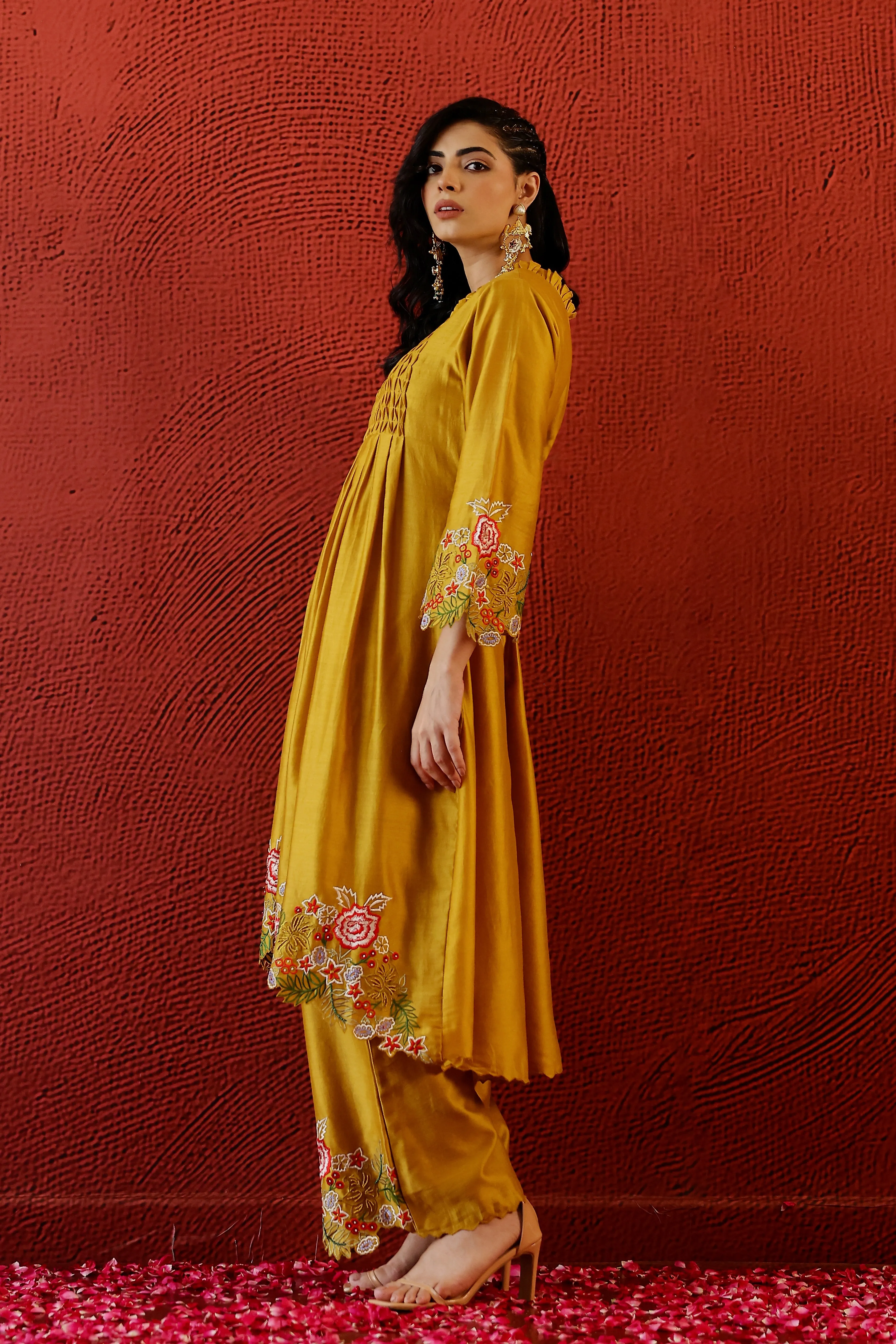 Classic Yellow Embroidered German Silk Palazzo Set