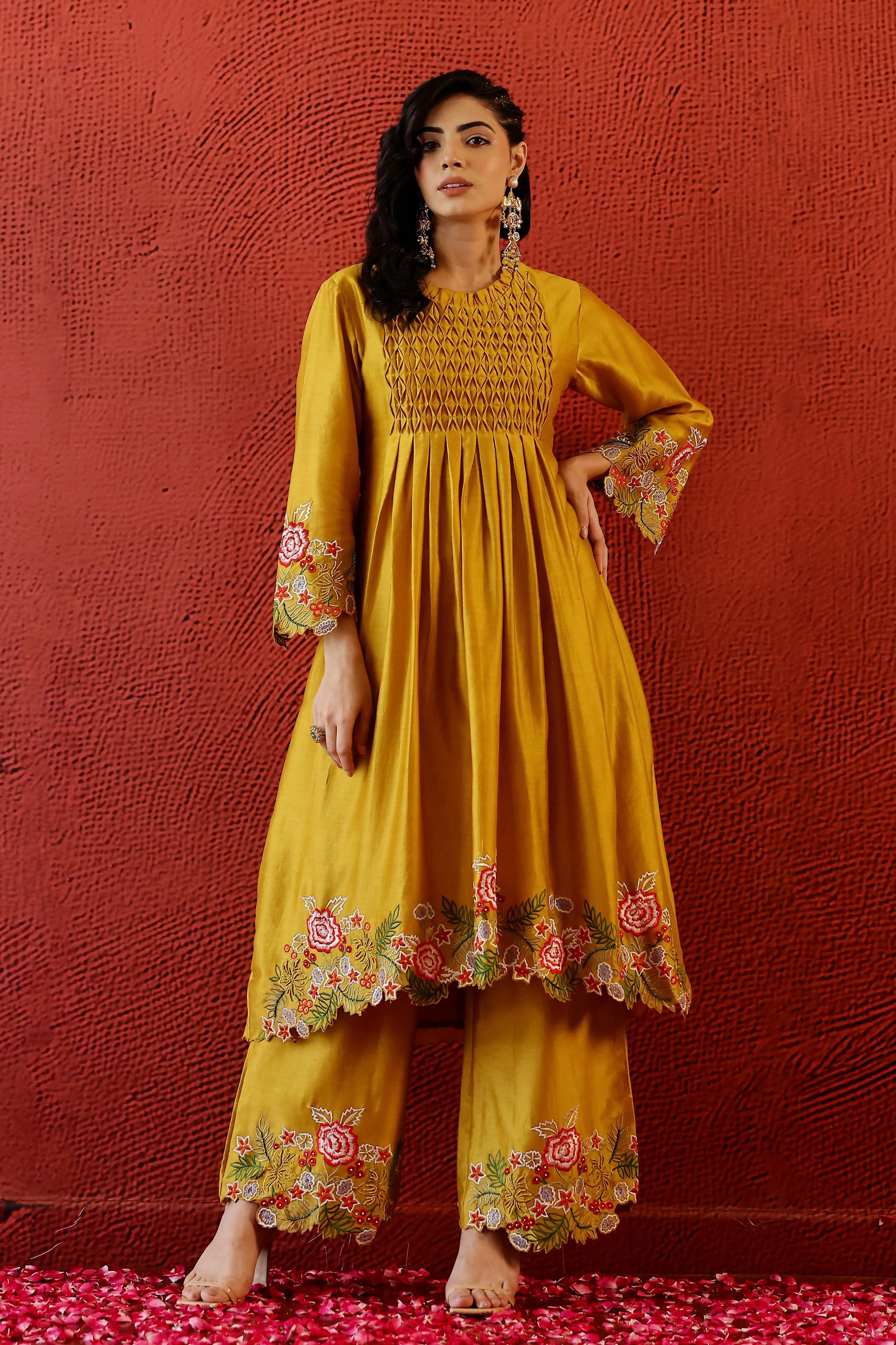 Classic Yellow Embroidered German Silk Palazzo Set