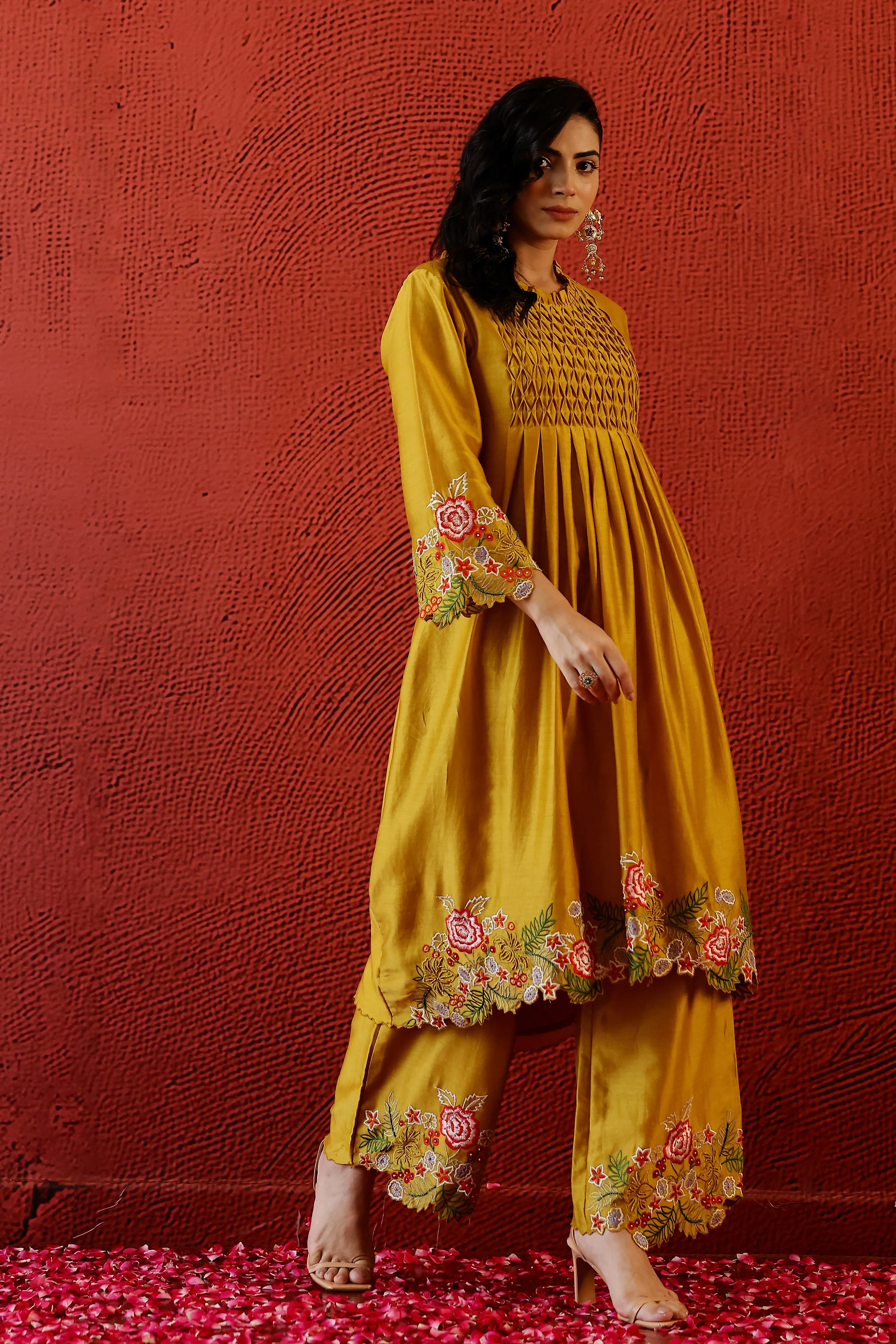 Classic Yellow Embroidered German Silk Palazzo Set