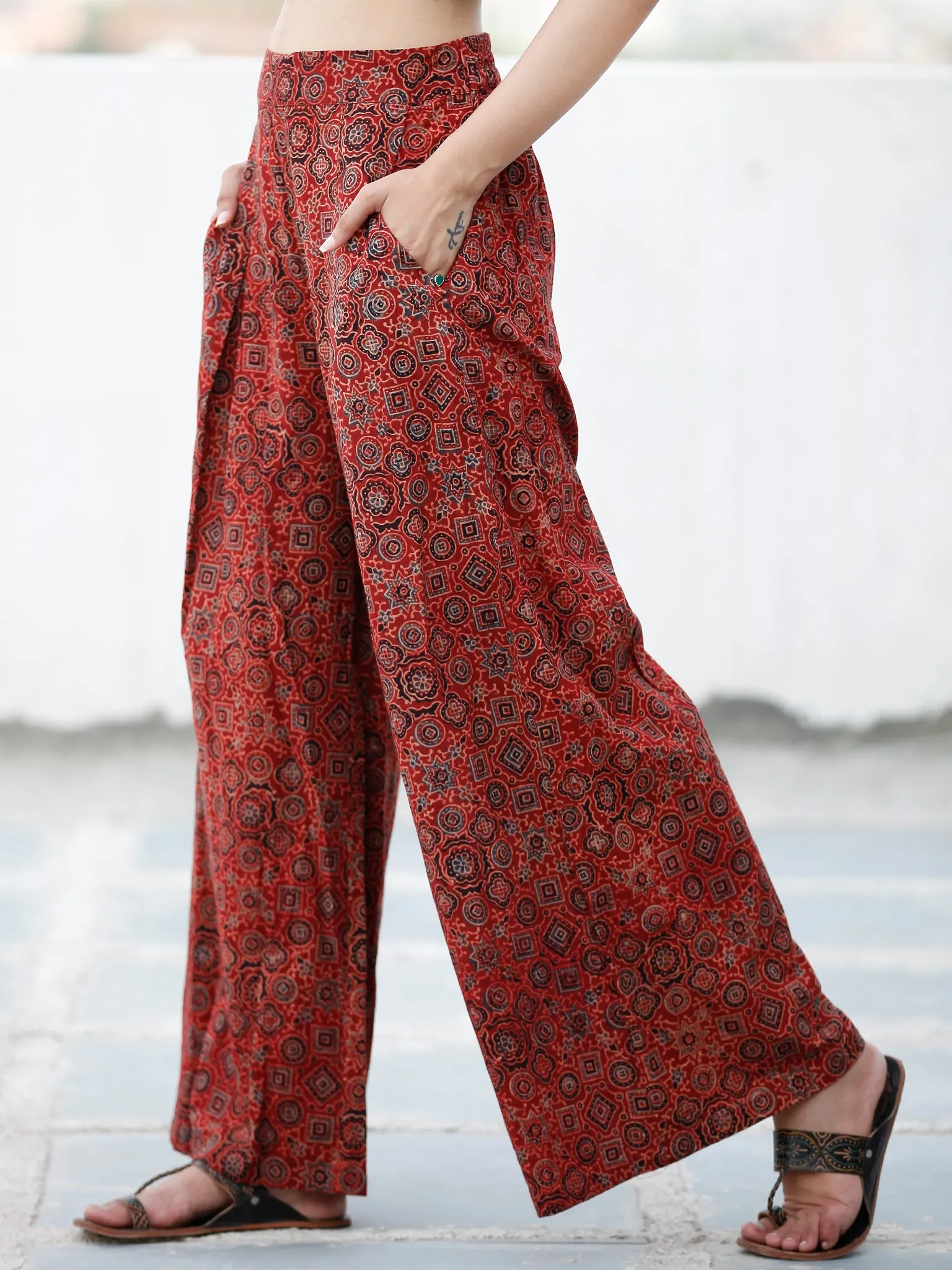 Crimson Red Indigo Black Ajrakh Hand Block Printed Semi Elasticated Waist Pleated Cotton Palazzo - P11F1757