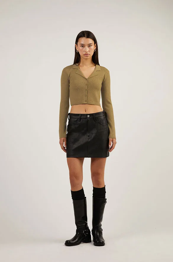 CROPPED COLLARED RIB-KNIT CARDIGAN