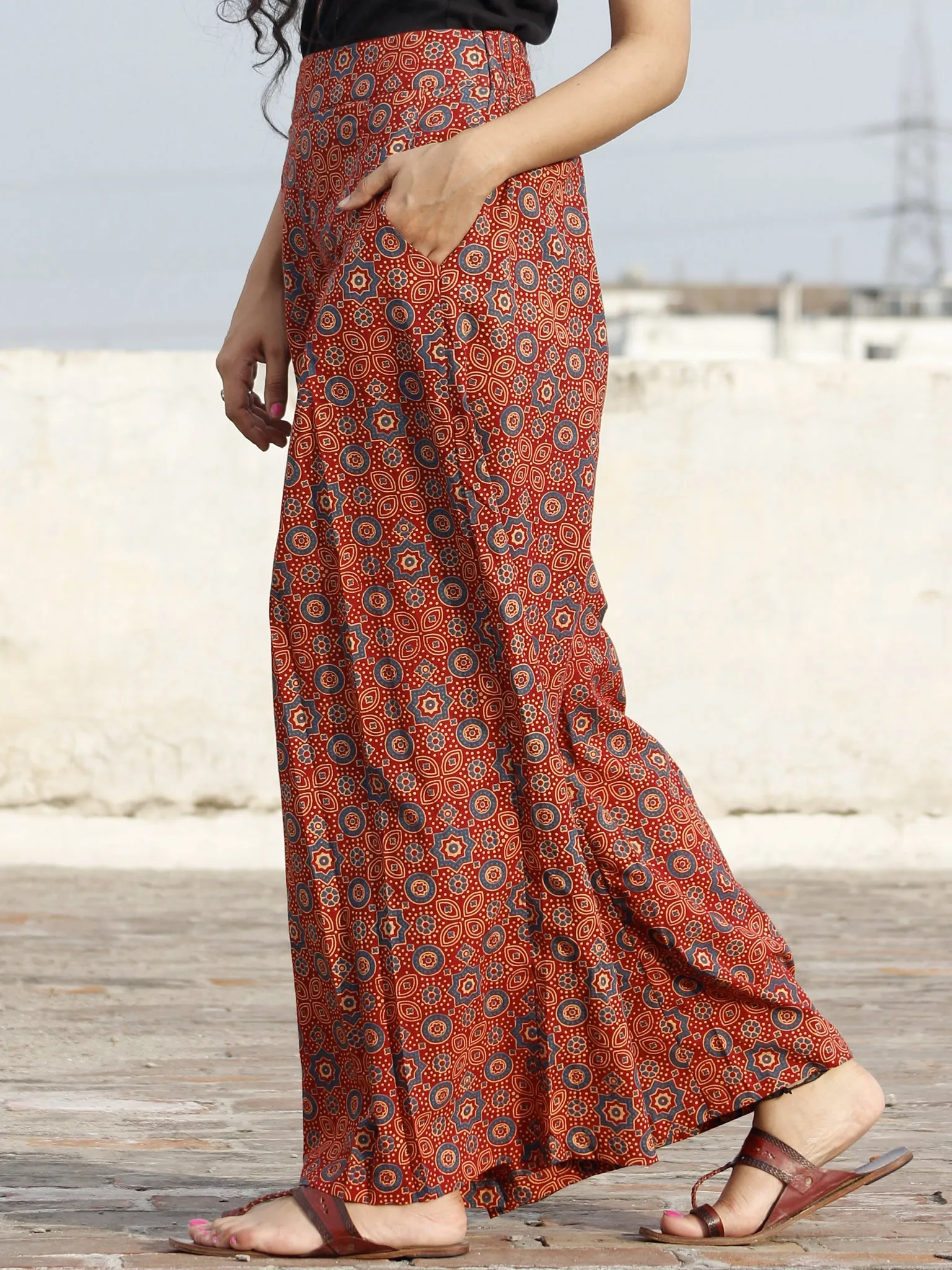 Dark Red Indigo Yellow Hand Block Printed Semi Elasticated Waist Pleated Cotton Palazzo - P11F705