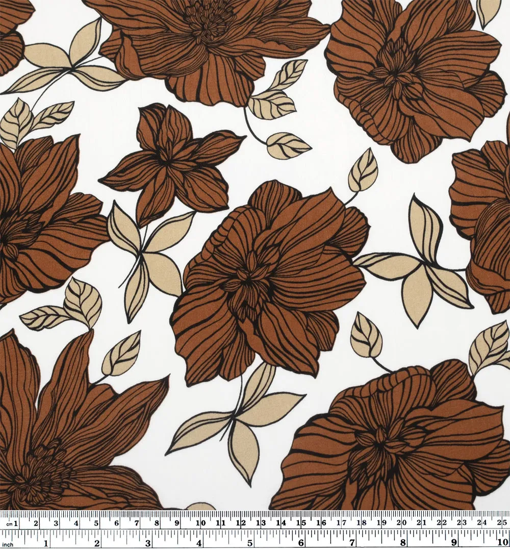 Deadstock Wooden Florals Viscose Crepe - White/Cinnamon/Sand