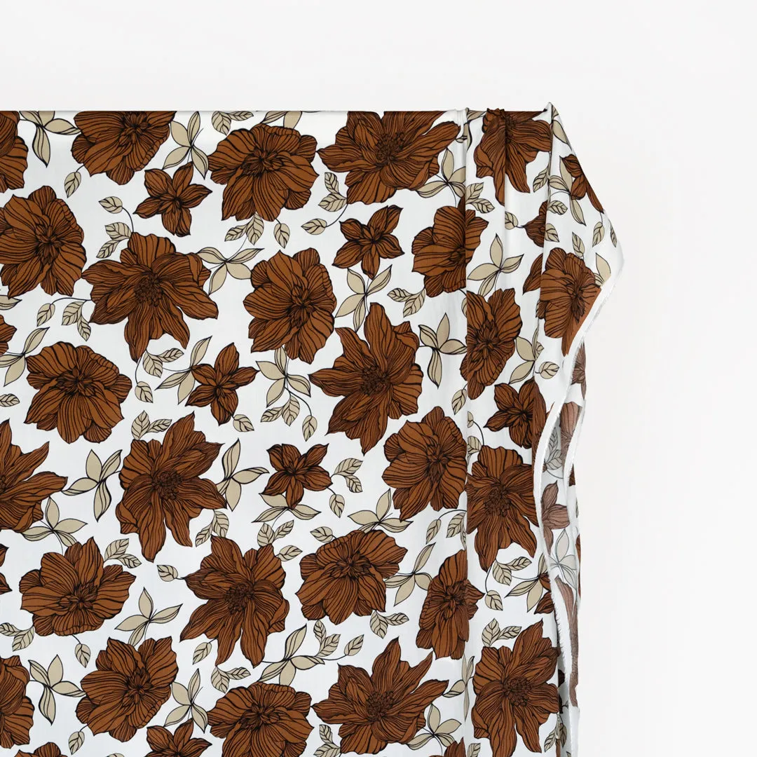 Deadstock Wooden Florals Viscose Crepe - White/Cinnamon/Sand