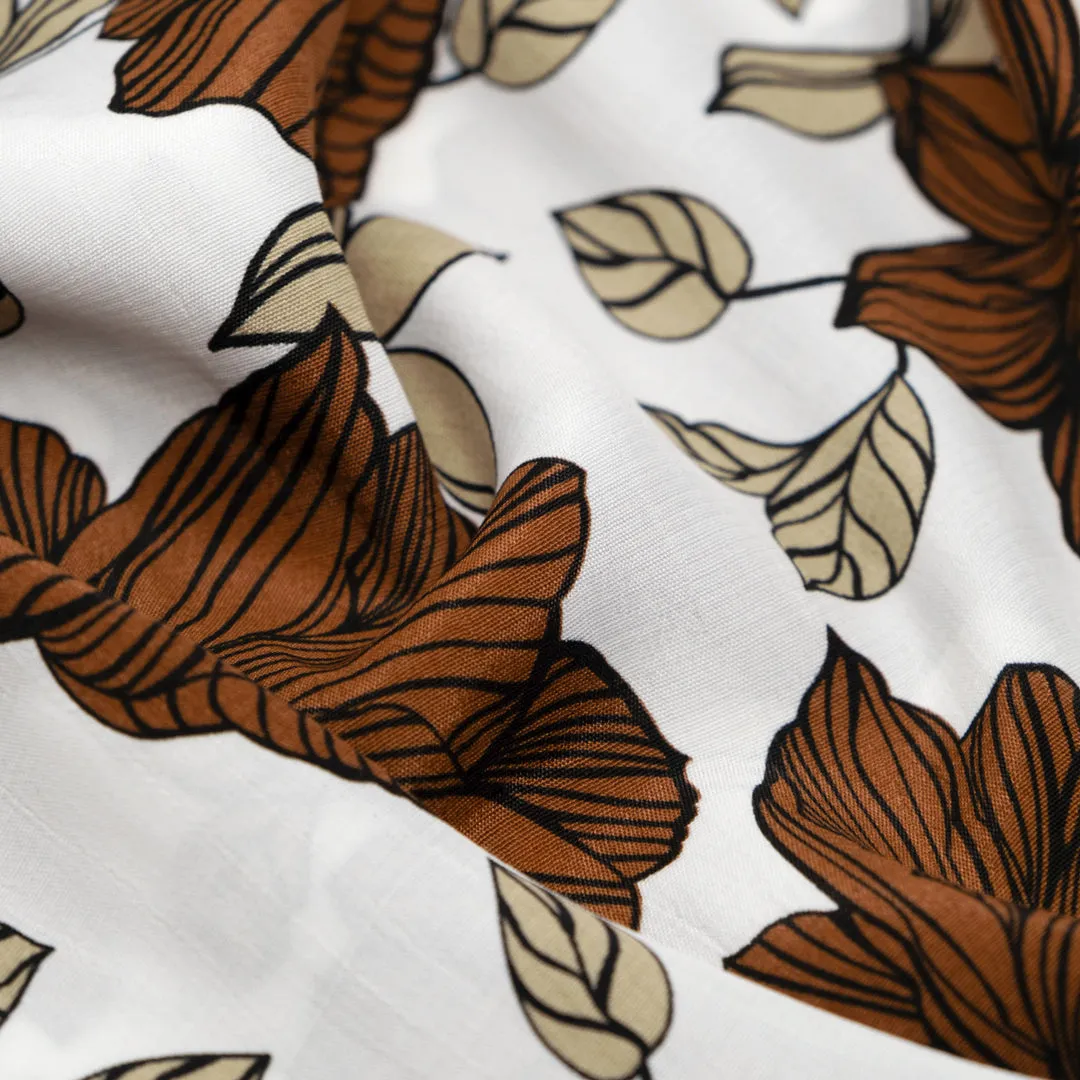 Deadstock Wooden Florals Viscose Crepe - White/Cinnamon/Sand