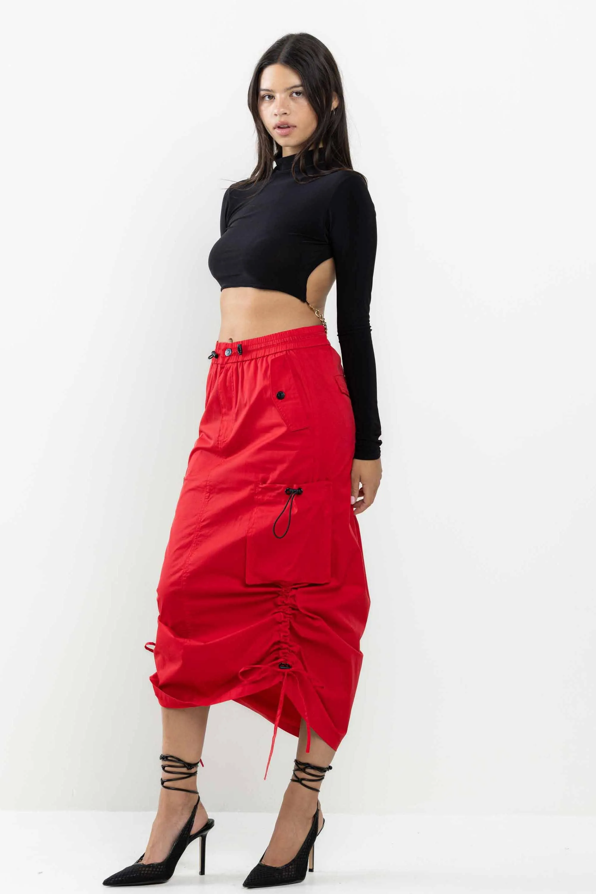 Drawstring Side Flap Y2K Cargo Column Skirt