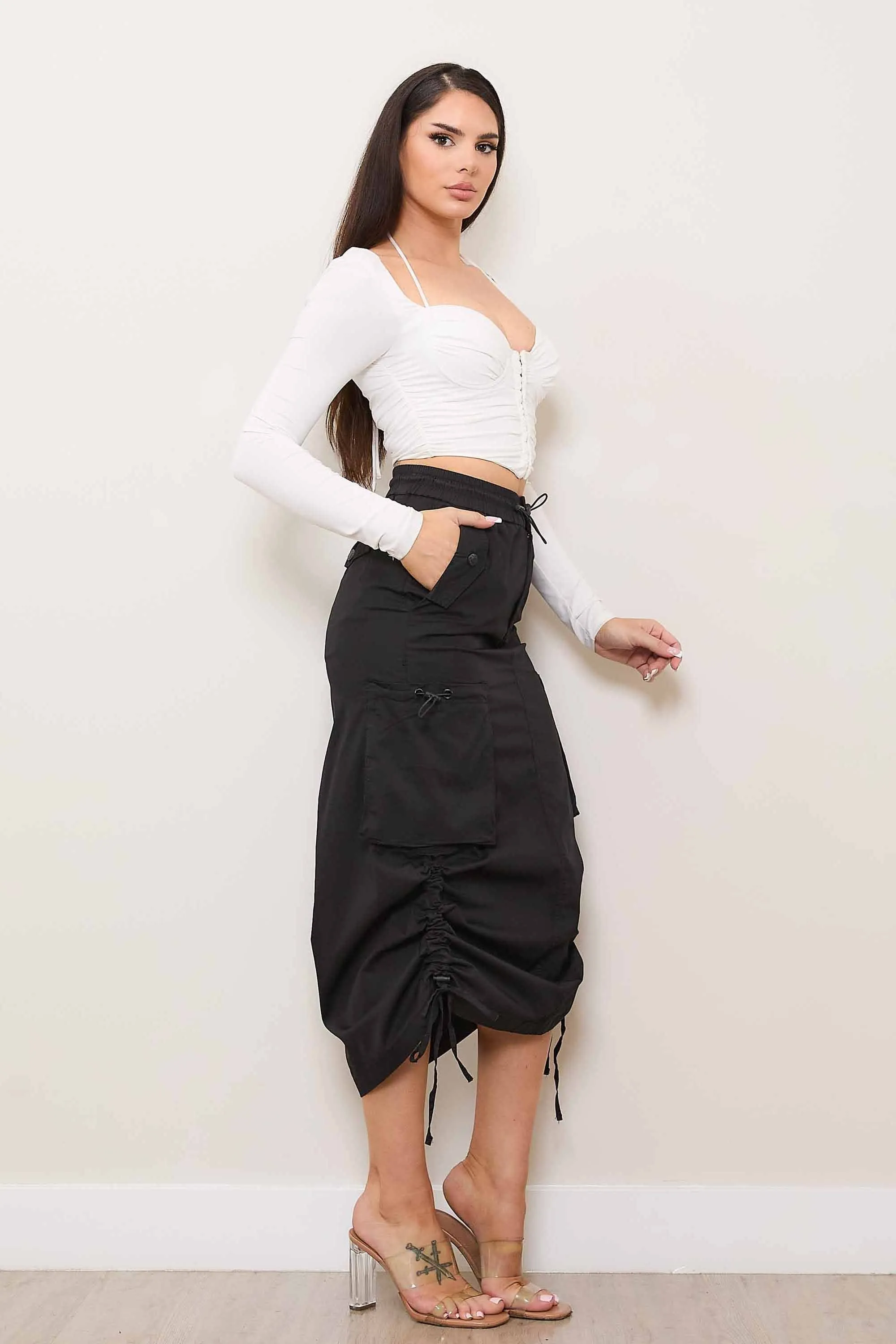 Drawstring Side Flap Y2K Cargo Column Skirt