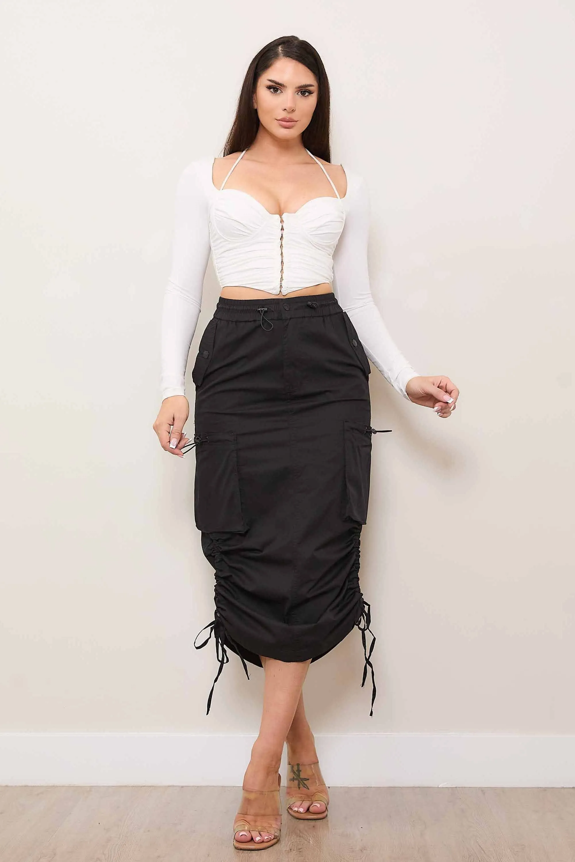 Drawstring Side Flap Y2K Cargo Column Skirt