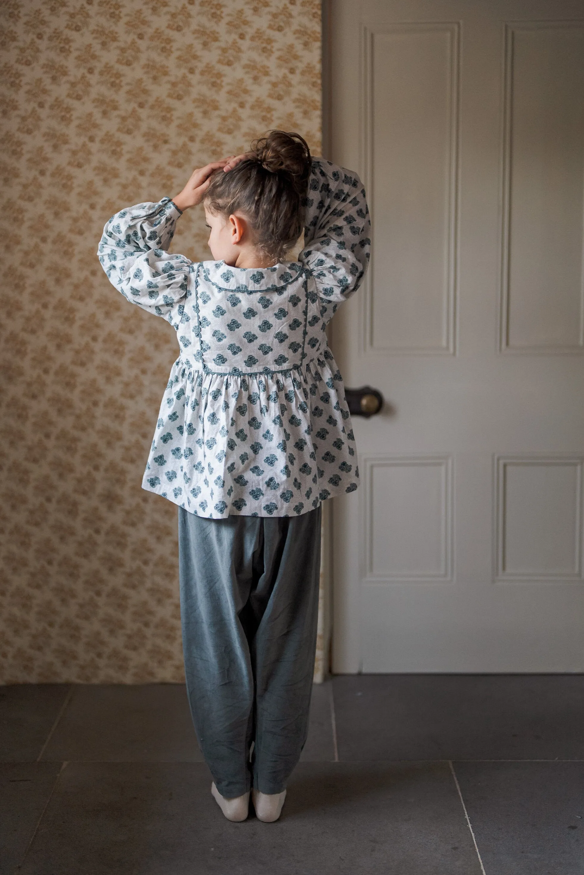 Esther Blouse, Hollyhock Floral in Teal