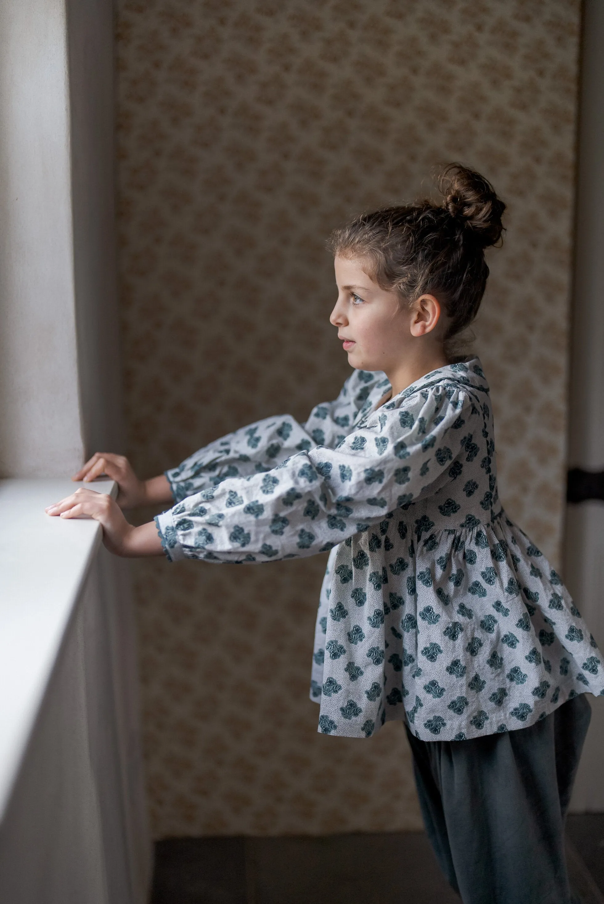 Esther Blouse, Hollyhock Floral in Teal