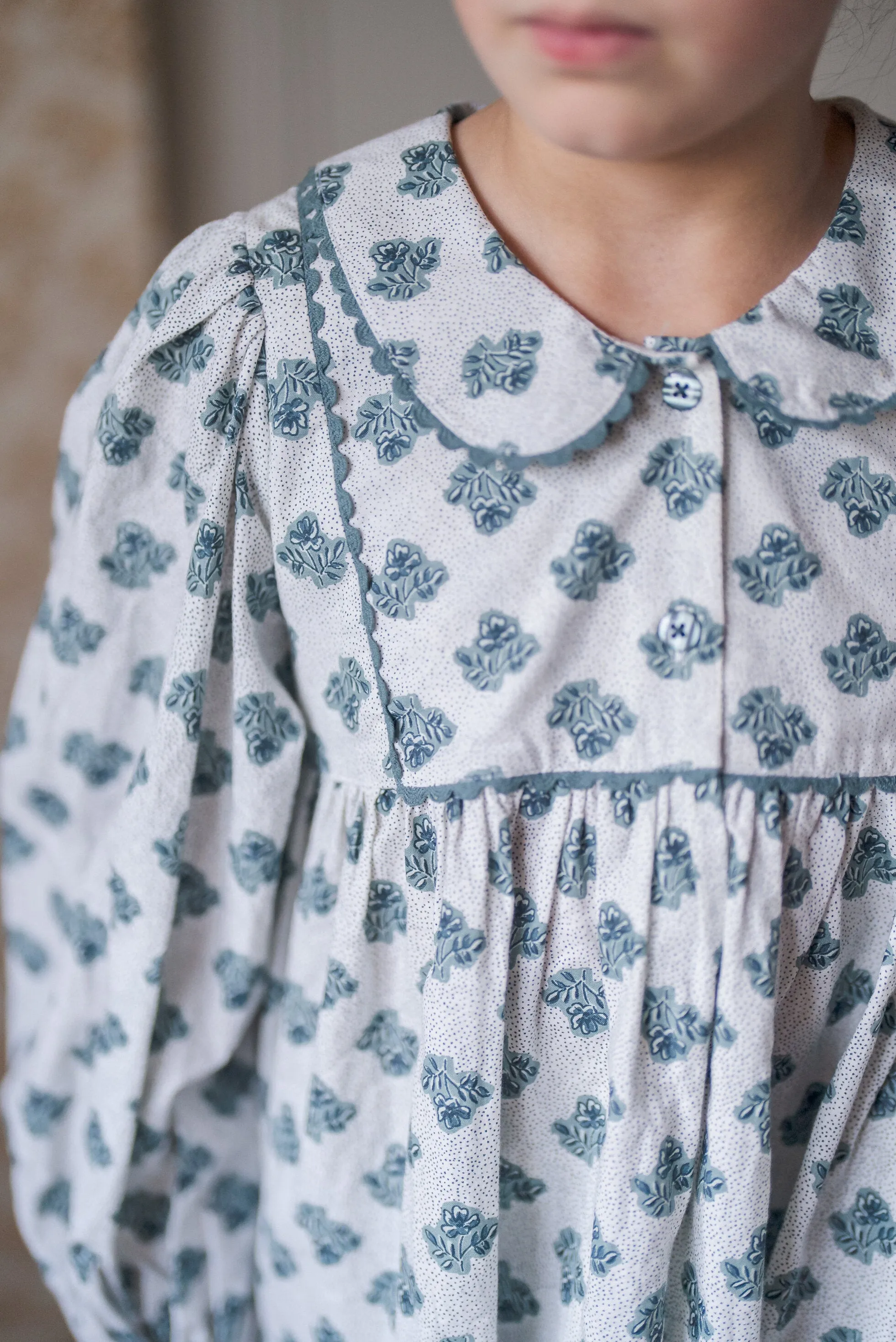 Esther Blouse, Hollyhock Floral in Teal