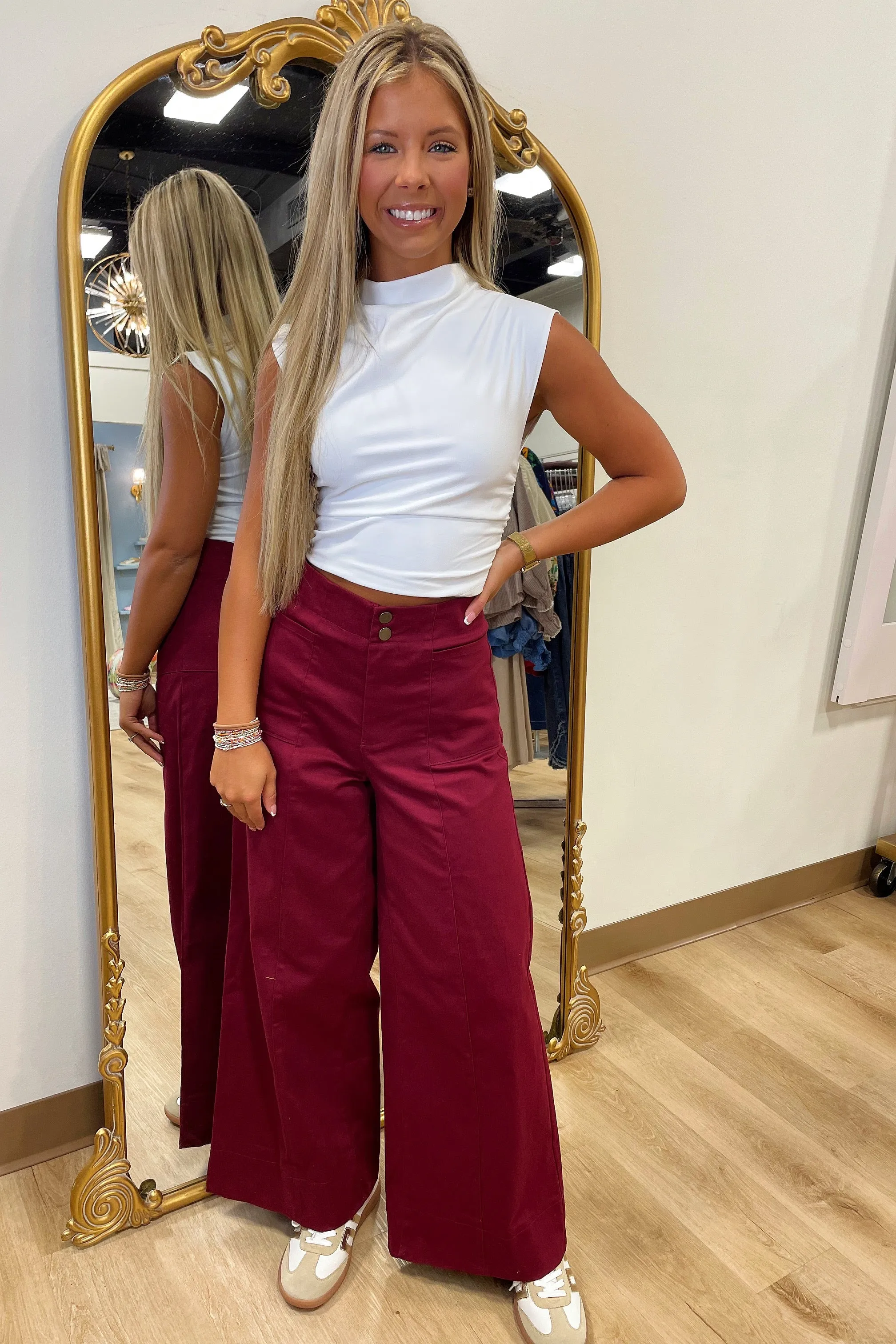 Fall Flattering Wide Leg Stretchy Pants Burgundy