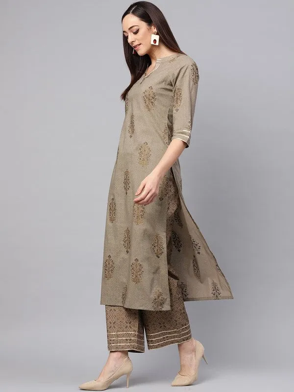 Gold Print Kurta With Printed Palazzo Pants And Dupatta