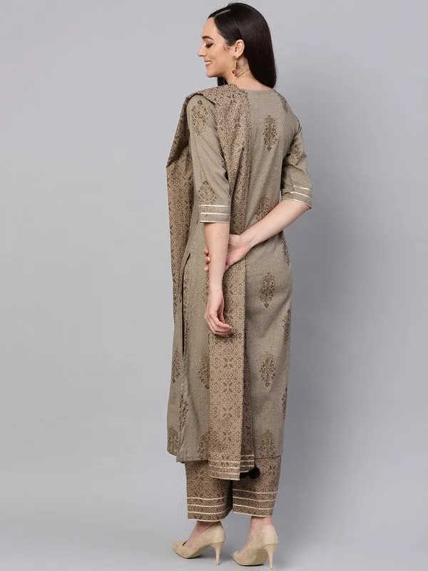 Gold Print Kurta With Printed Palazzo Pants And Dupatta