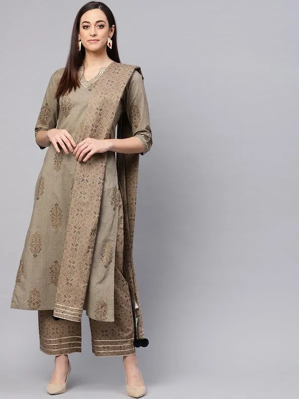 Gold Print Kurta With Printed Palazzo Pants And Dupatta