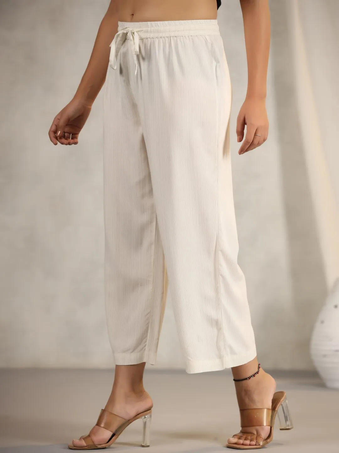 Ivory Stripped Modal Rayon Women Pants With Single Side Pockets & Drawstring