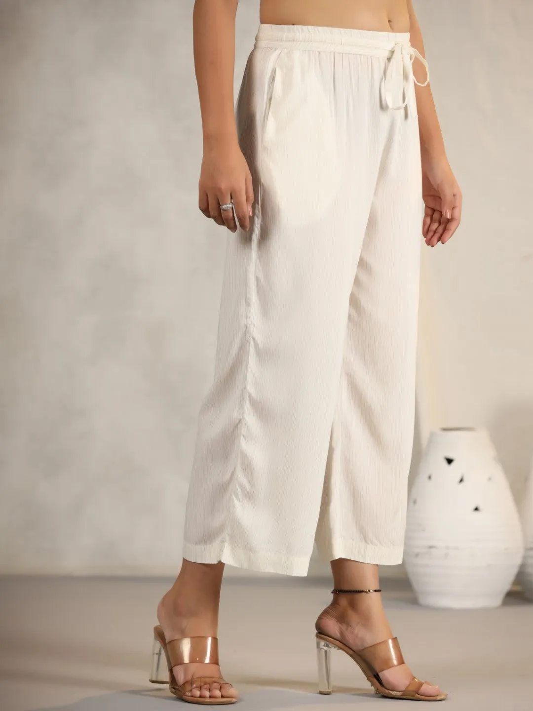 Ivory Stripped Modal Rayon Women Pants With Single Side Pockets & Drawstring