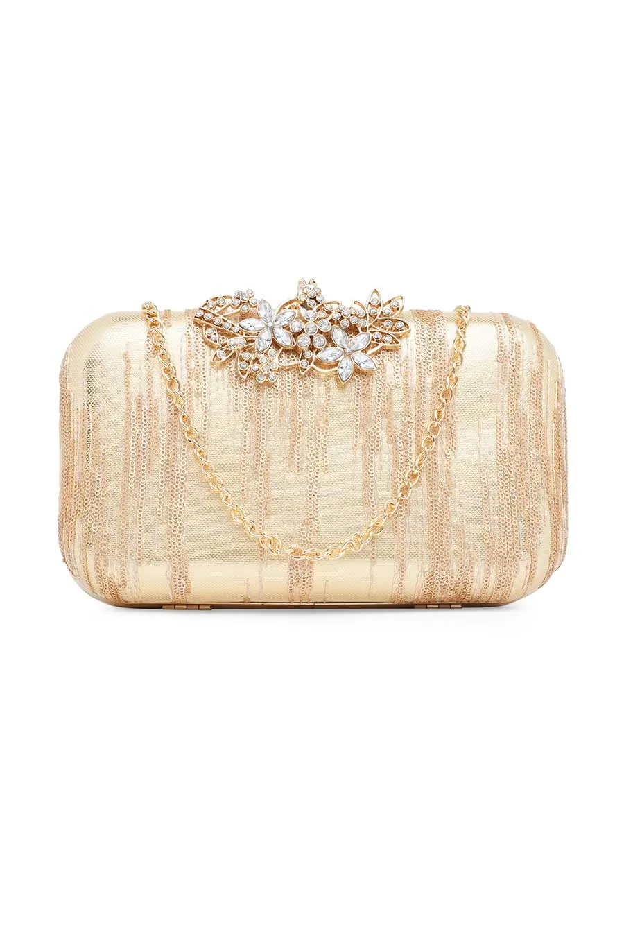 Jewel Frame Embroidered Gold Clutch