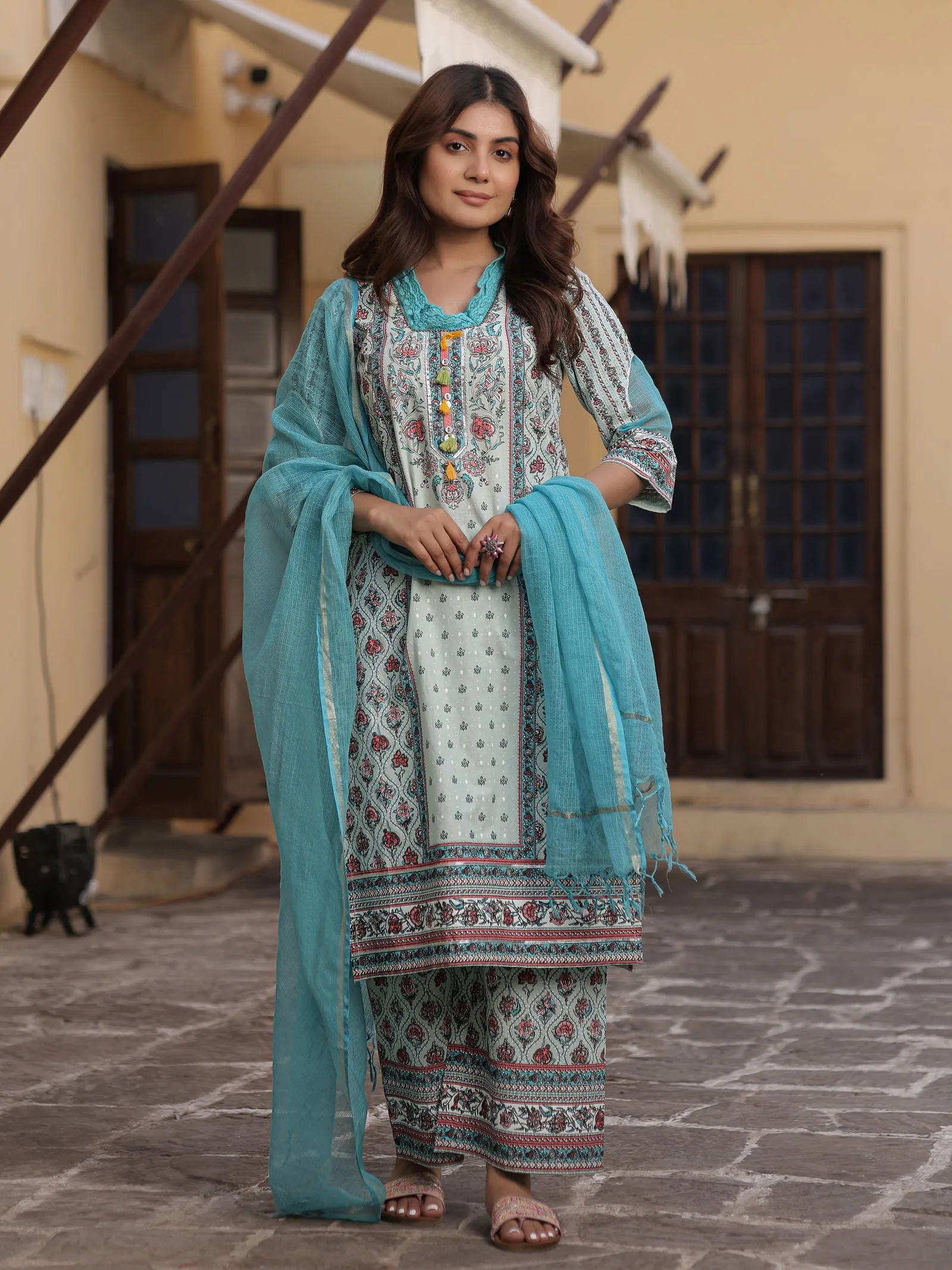 Juniper Blue Ethnic Motif Printed Pure Cotton Kurta Palazzo & Dupatta Set with Beads