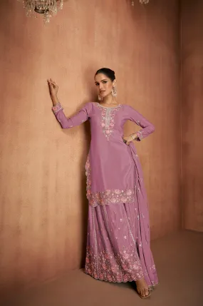 Lavender Chinon Palazzo Suit with Floral Embroidery & Dupatta