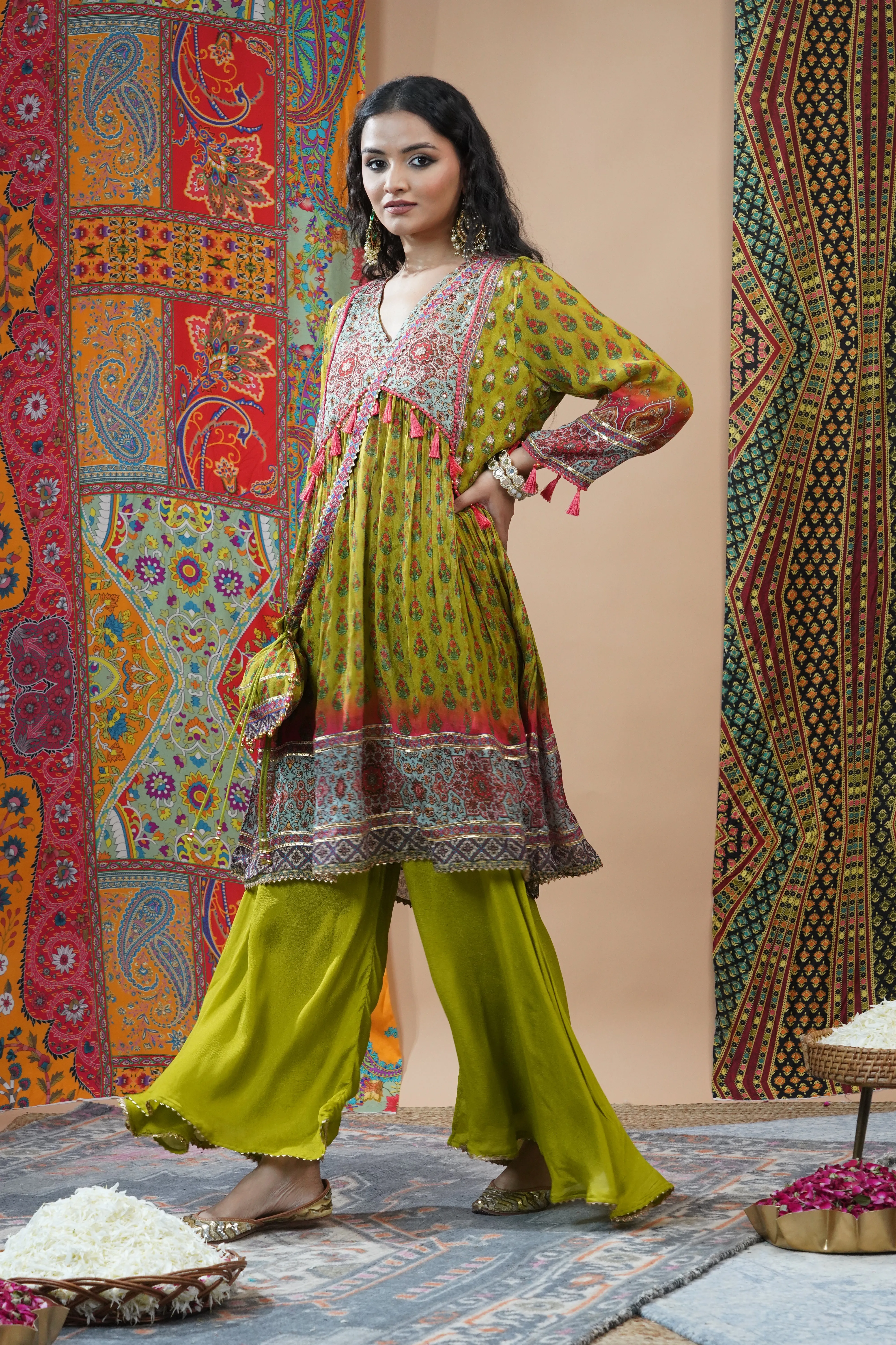 Light Green Traditional Printed Chinon Silk Palazzo Set