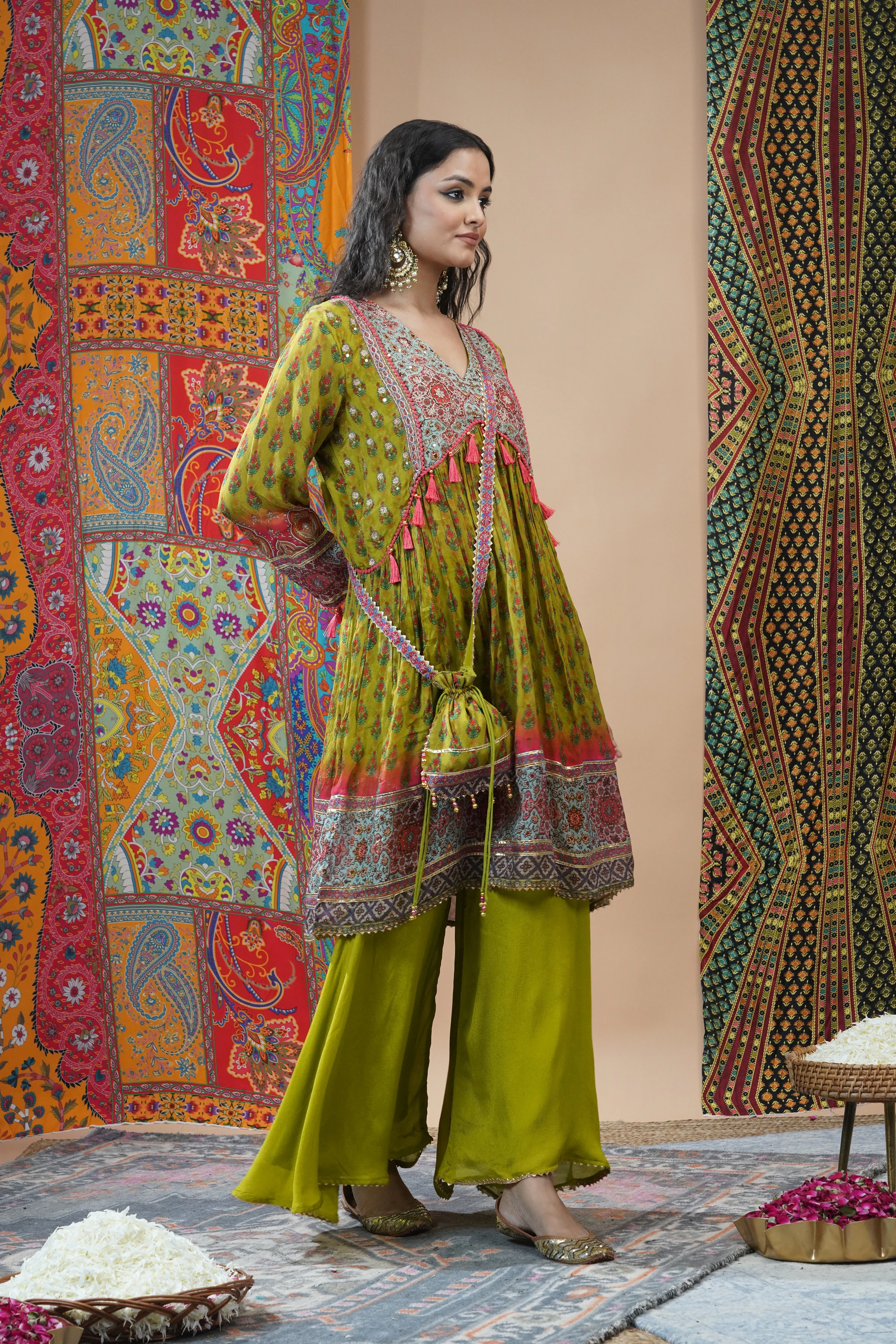 Light Green Traditional Printed Chinon Silk Palazzo Set