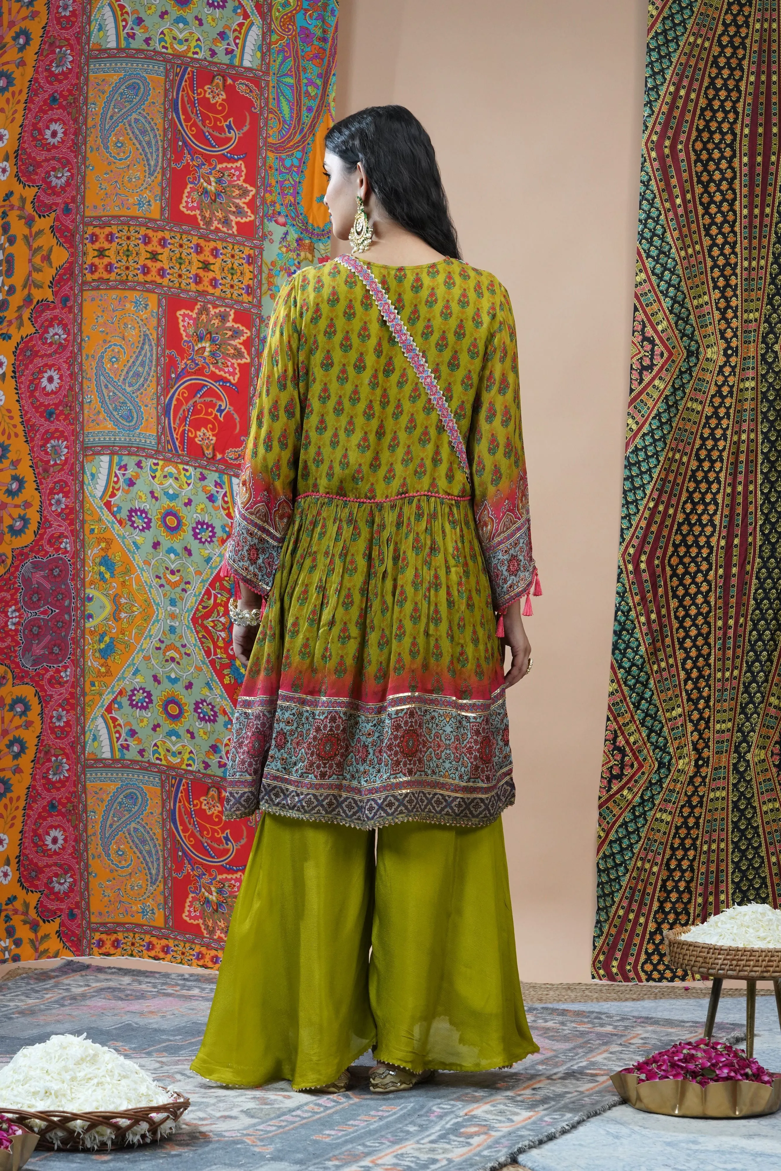 Light Green Traditional Printed Chinon Silk Palazzo Set