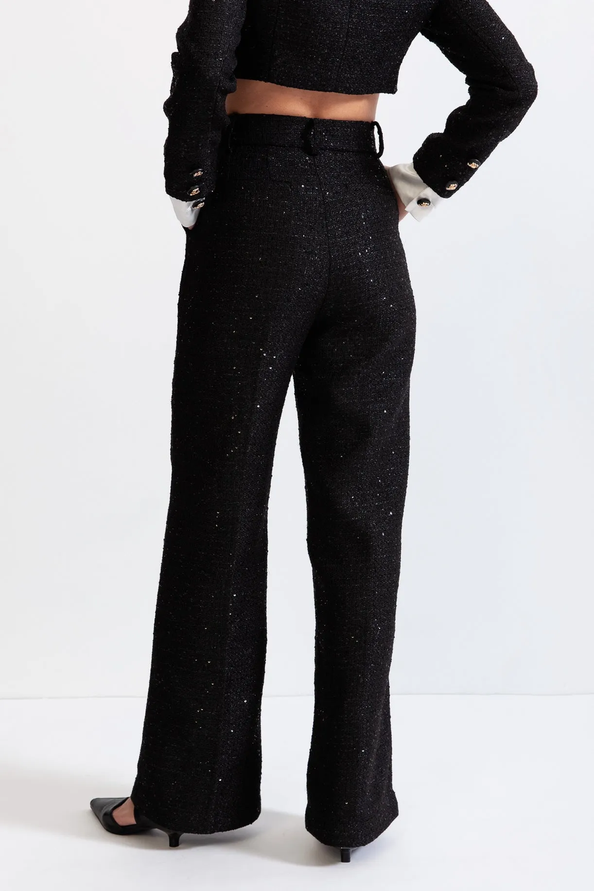 Long Sleeve Tweed Co-Ord with Sequin Details - Black