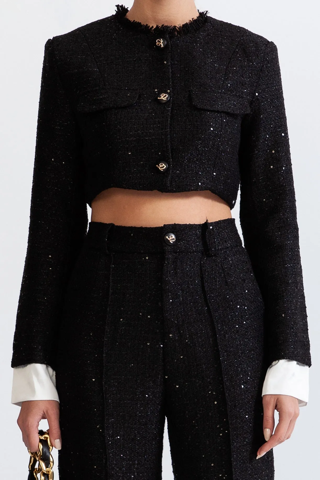 Long Sleeve Tweed Co-Ord with Sequin Details - Black