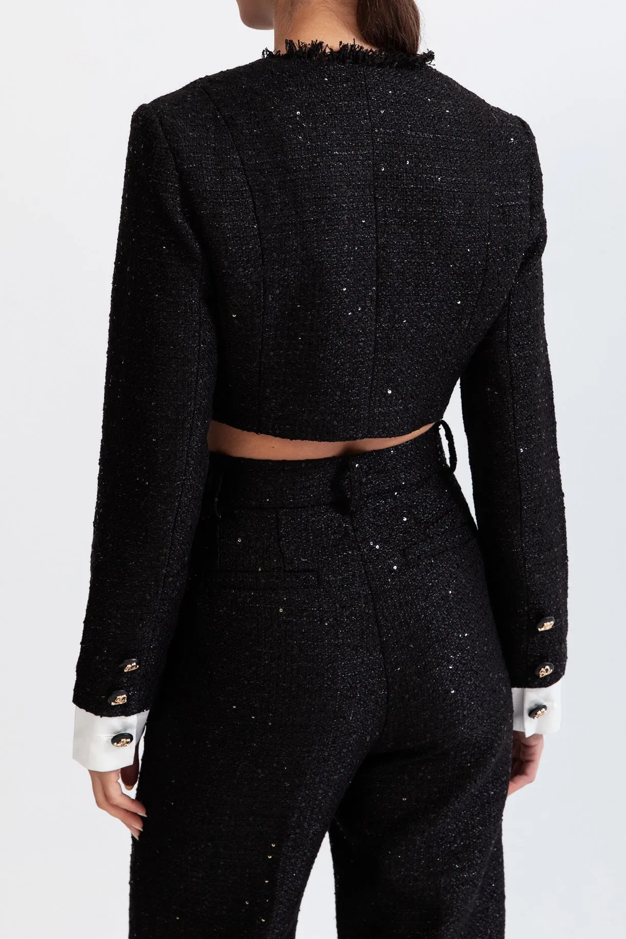 Long Sleeve Tweed Co-Ord with Sequin Details - Black