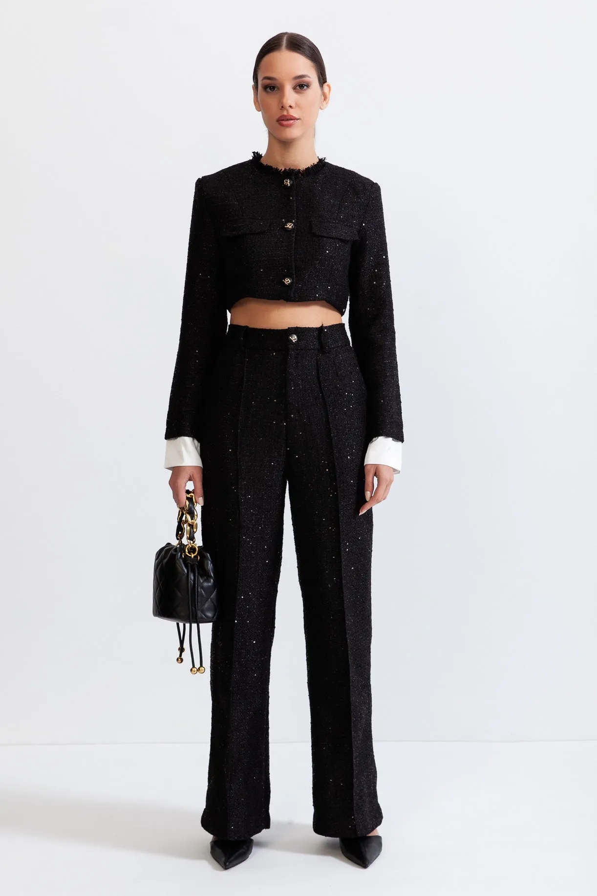 Long Sleeve Tweed Co-Ord with Sequin Details - Black