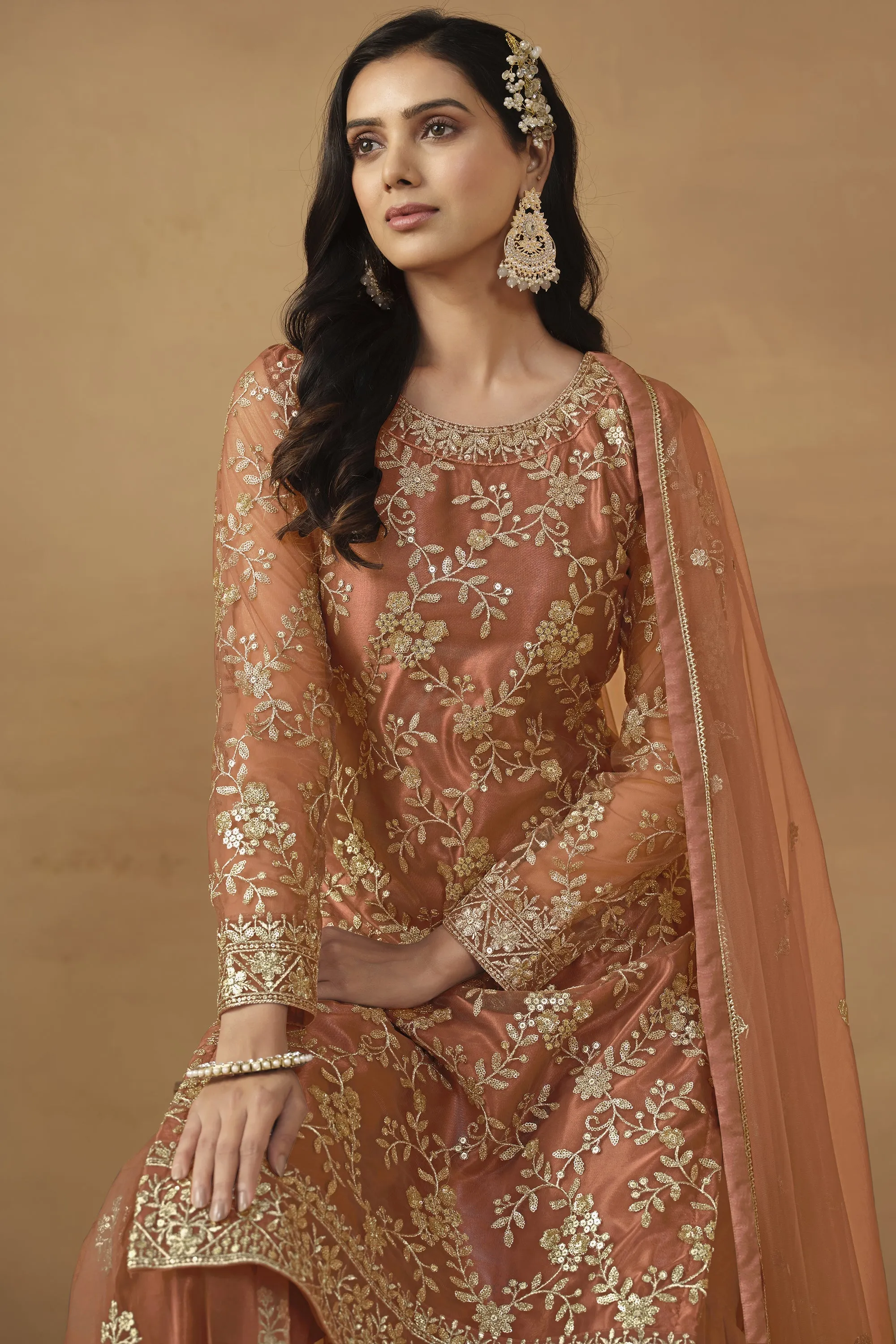 Peach Color Glittering Net Fabric Embroidered Palazzo Suit