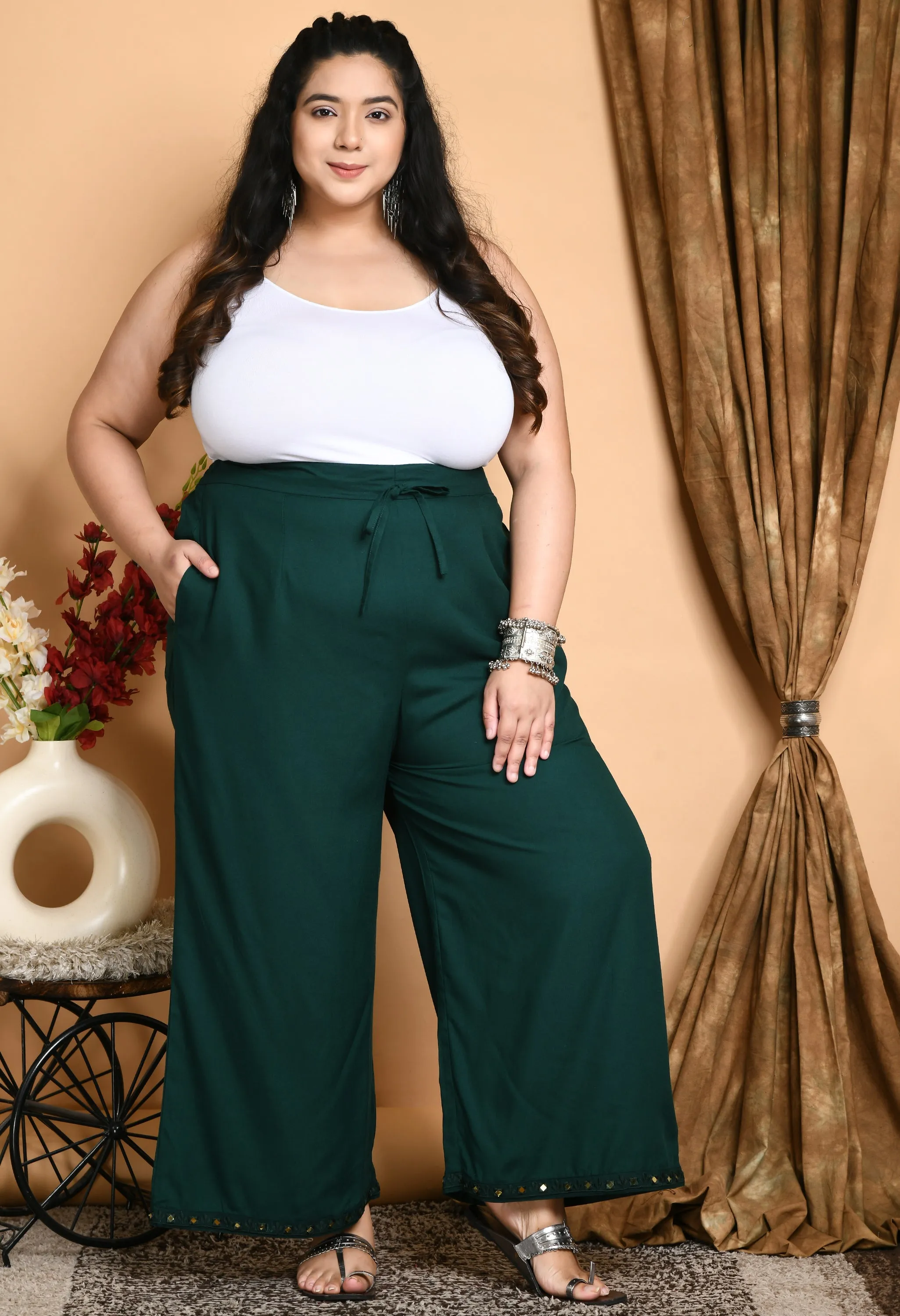 Plus Size Plus Size Bottle Green Mirror Palazzo