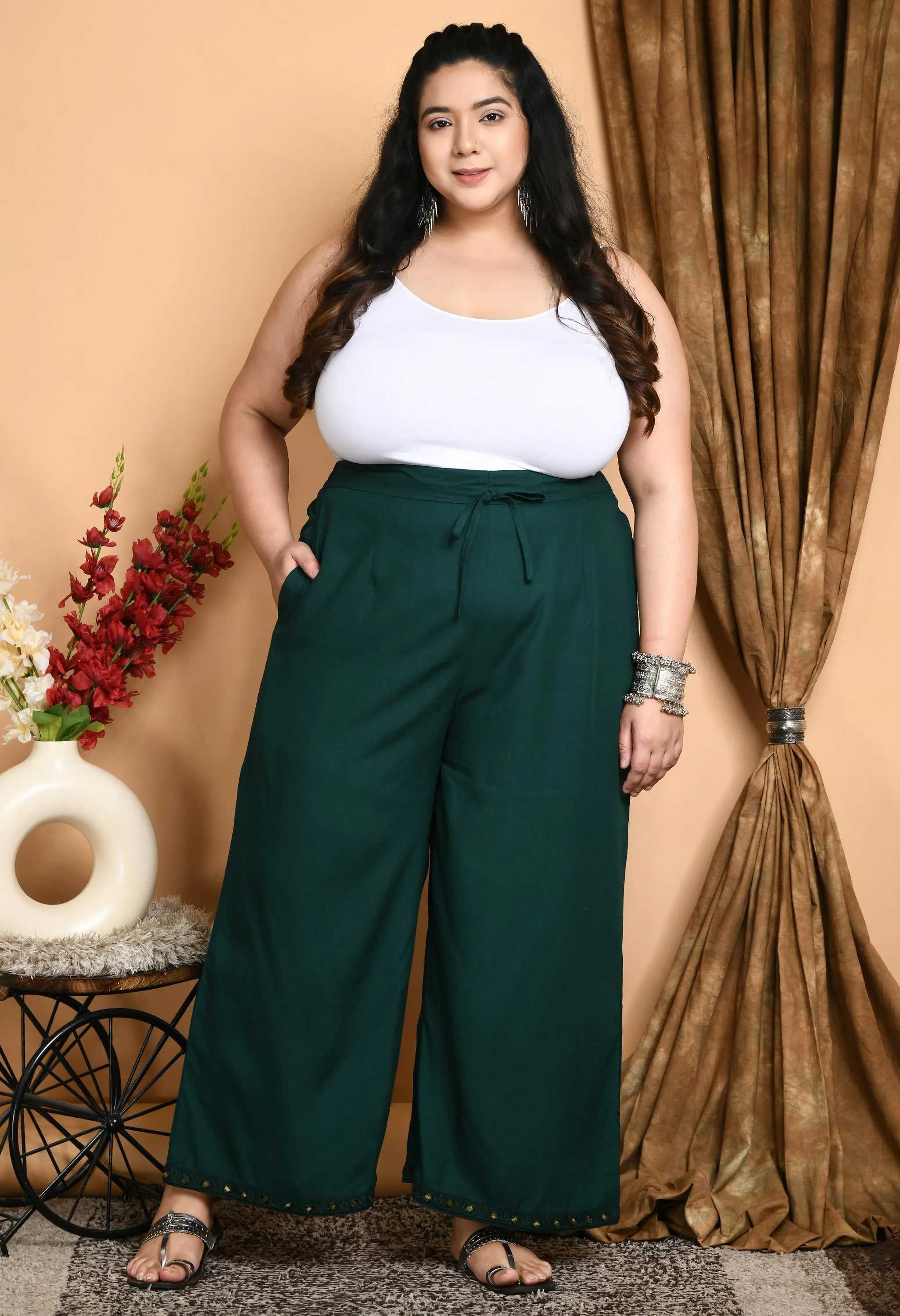 Plus Size Plus Size Bottle Green Mirror Palazzo