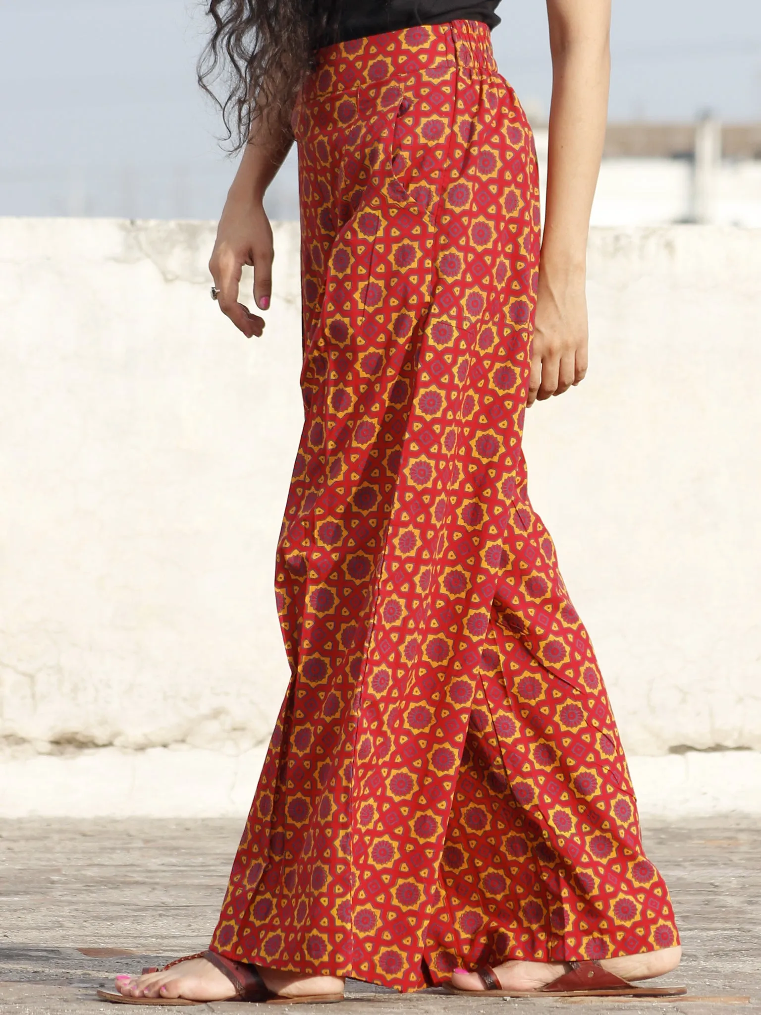 Red Yellow Hand Block Printed Semi Elasticated Waist Pleated Cotton Palazzo - P11F697