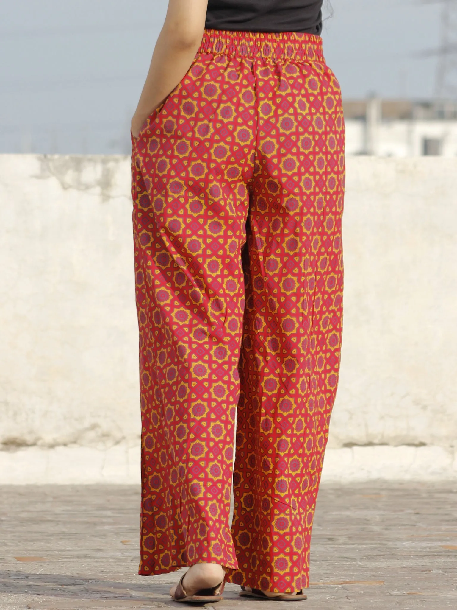 Red Yellow Hand Block Printed Semi Elasticated Waist Pleated Cotton Palazzo - P11F697