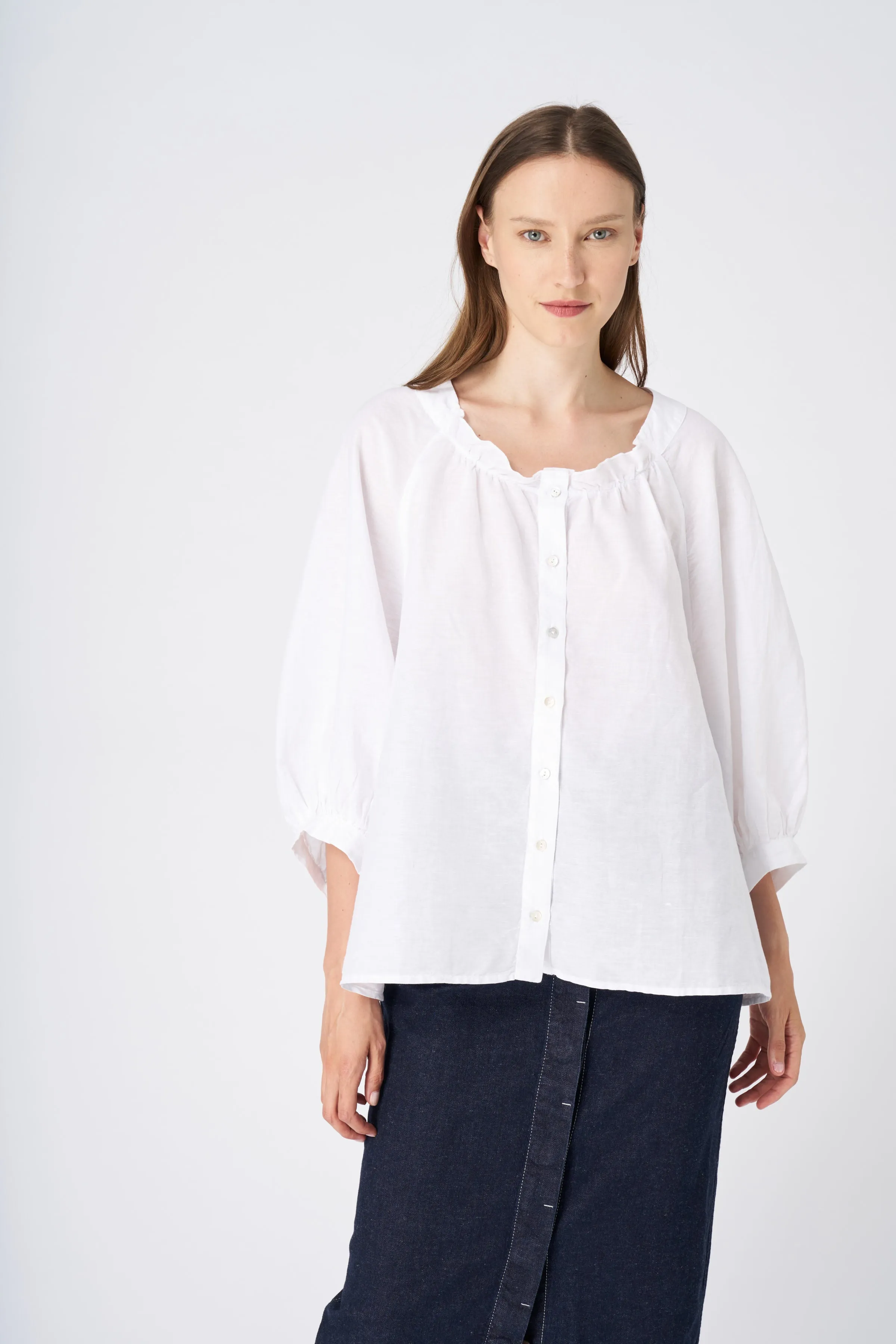 Ruffled Neckline Linen Peasant Blouse