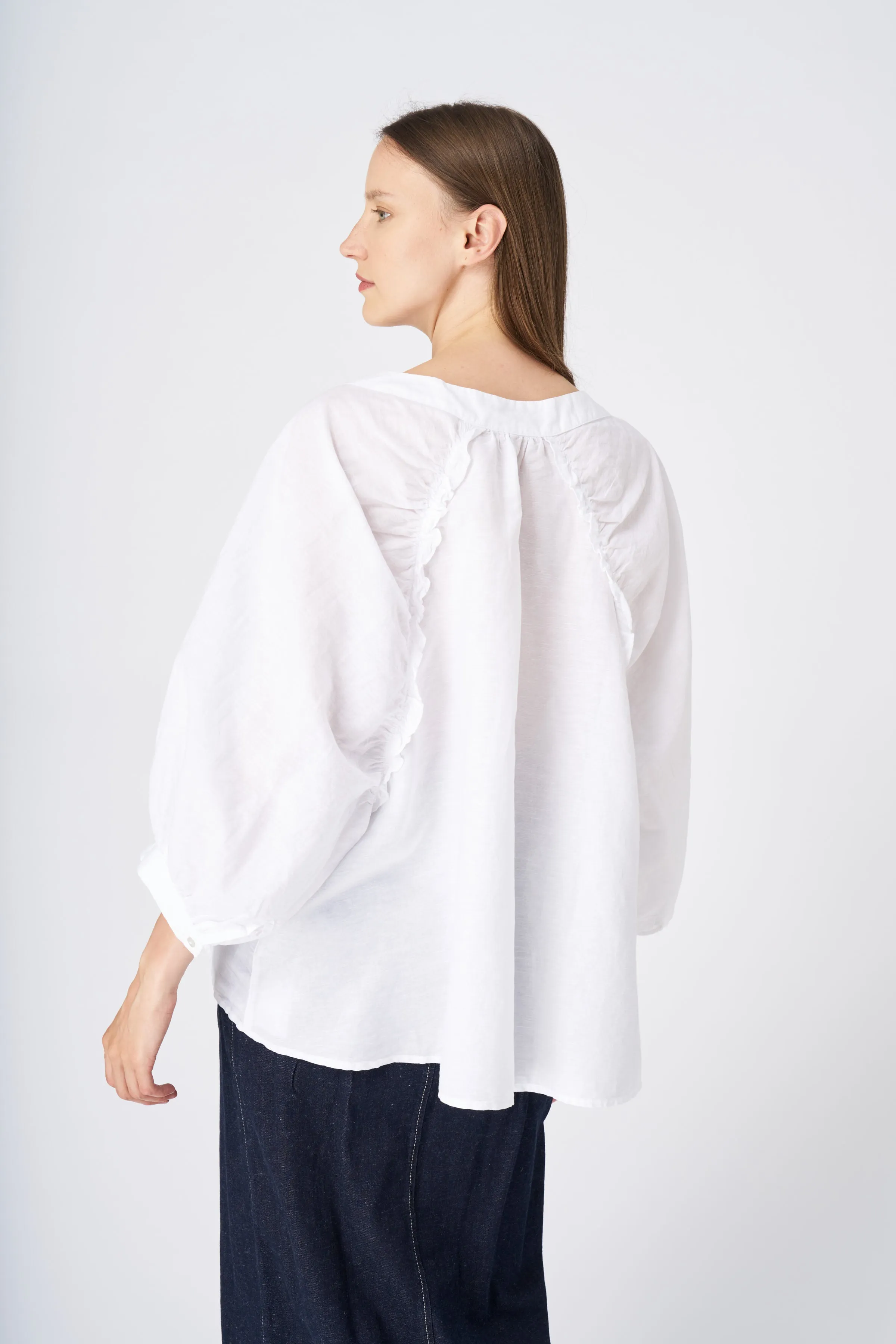 Ruffled Neckline Linen Peasant Blouse