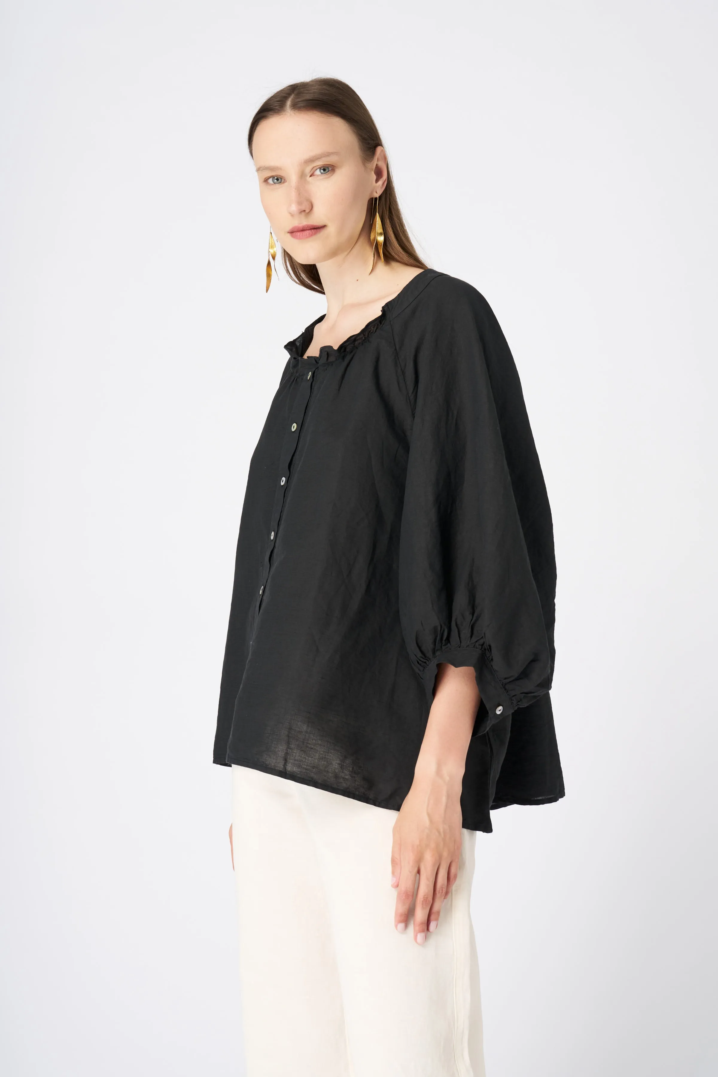 Ruffled Neckline Linen Peasant Blouse